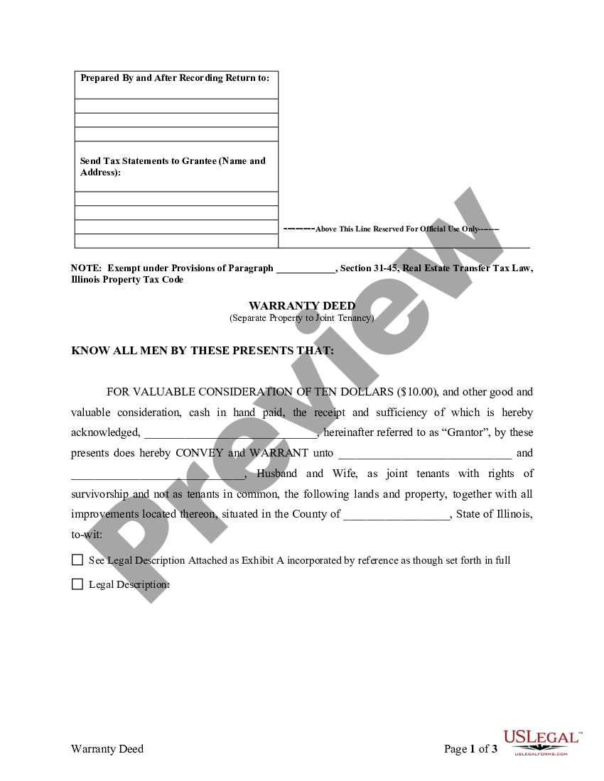 Illinois Warranty Deed to Separate Property of One Spouse to Both ...