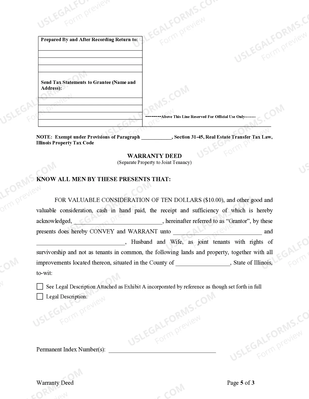 Preview Warranty Deed to Separate Property of One Spouse to Both Spouses as Joint Tenants