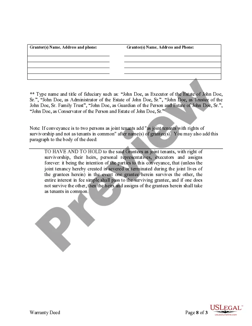 Preview Fiduciary Deed for use by Executors, Trustees, Trustors, Administrators and other Fiduciaries