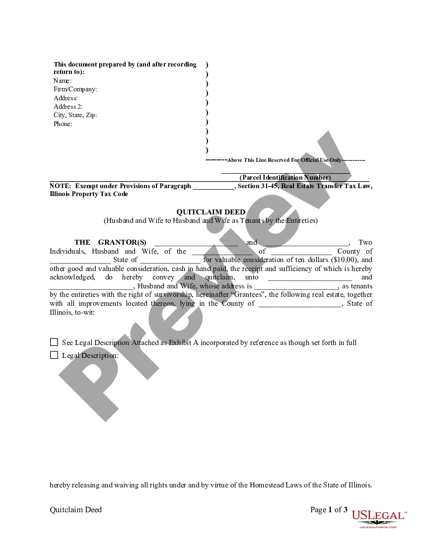 Chicago Illinois Quitclaim Deed From Husband And Wife To Husband And Wife As Tenants By The 3170