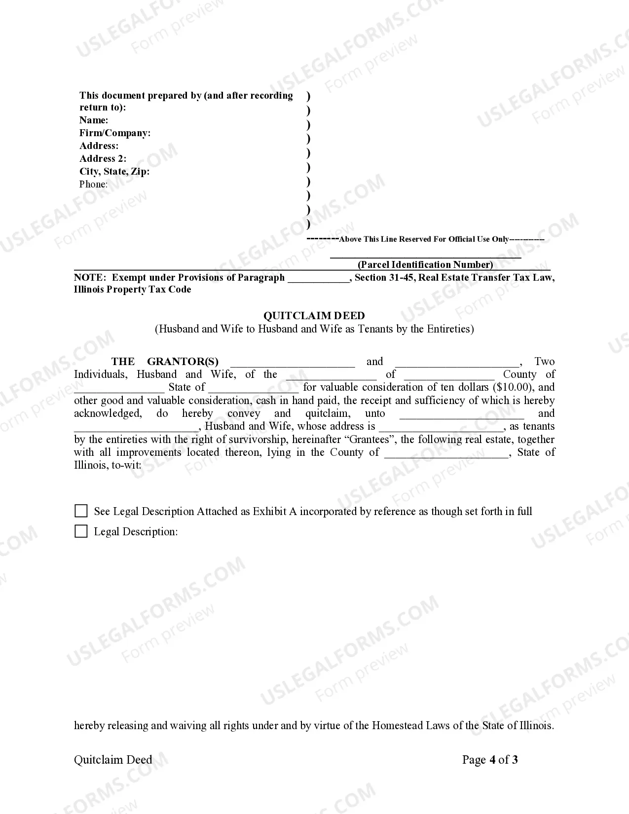 Preview Quitclaim Deed from Husband and Wife to Husband and Wife as Tenants by the Entireties