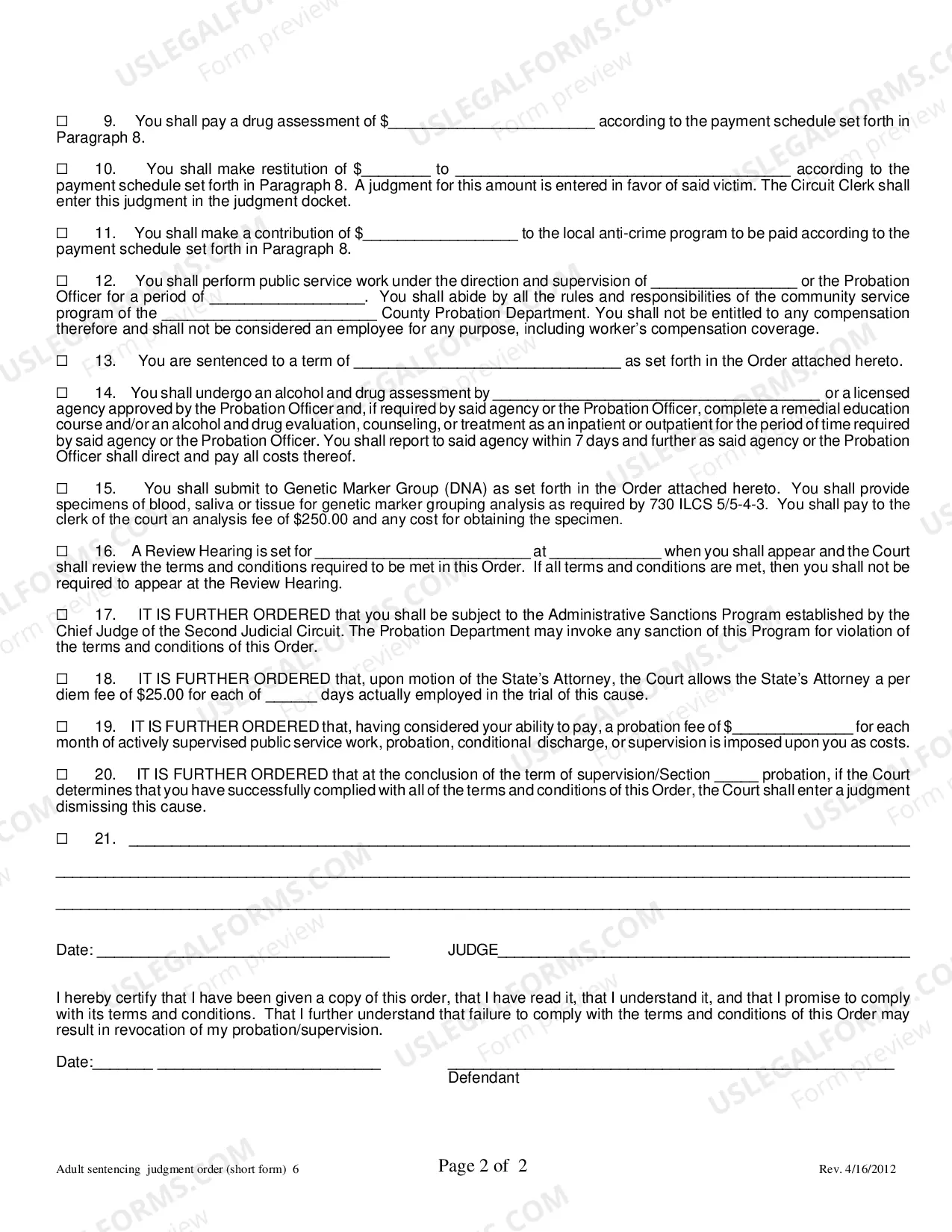 Preview Adult Sentencing Judgment / Probation Order (Short Form)