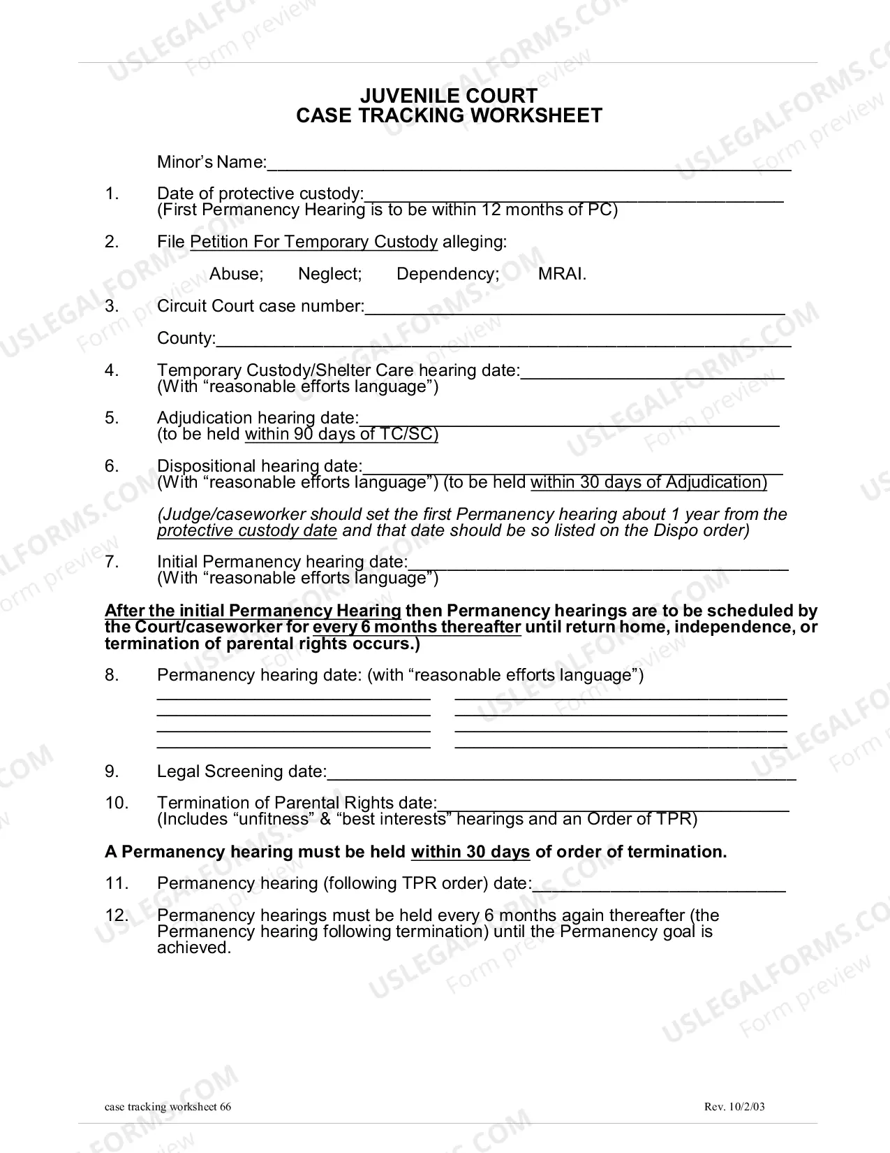 Preview Case Tracking Worksheet