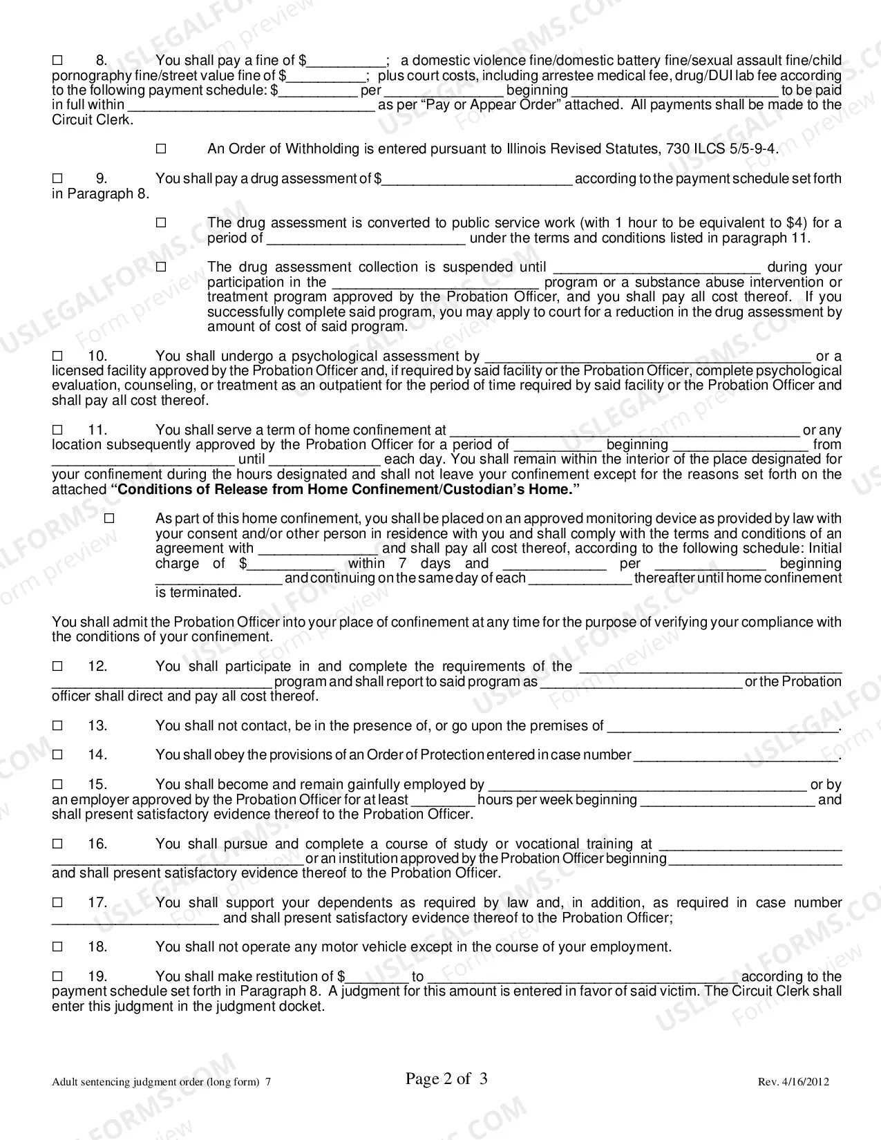 Preview Adult Sentencing Judgment / Probation Order (Long Form)