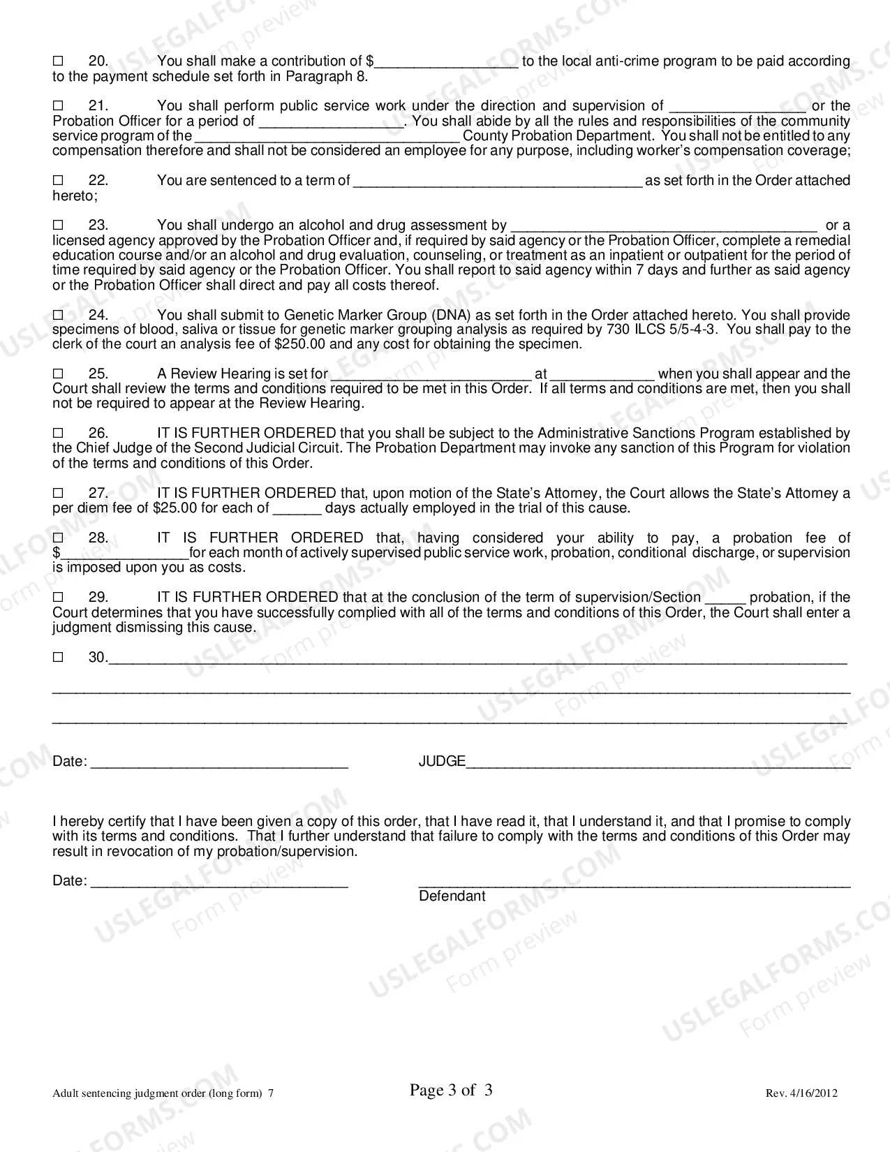 Preview Adult Sentencing Judgment / Probation Order (Long Form)