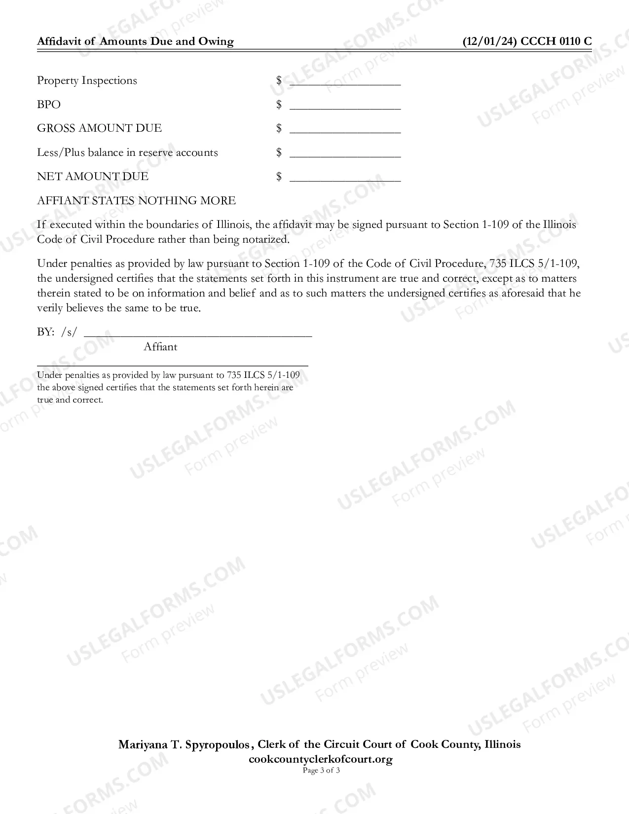Preview Affidavit of amounts Due and Owing