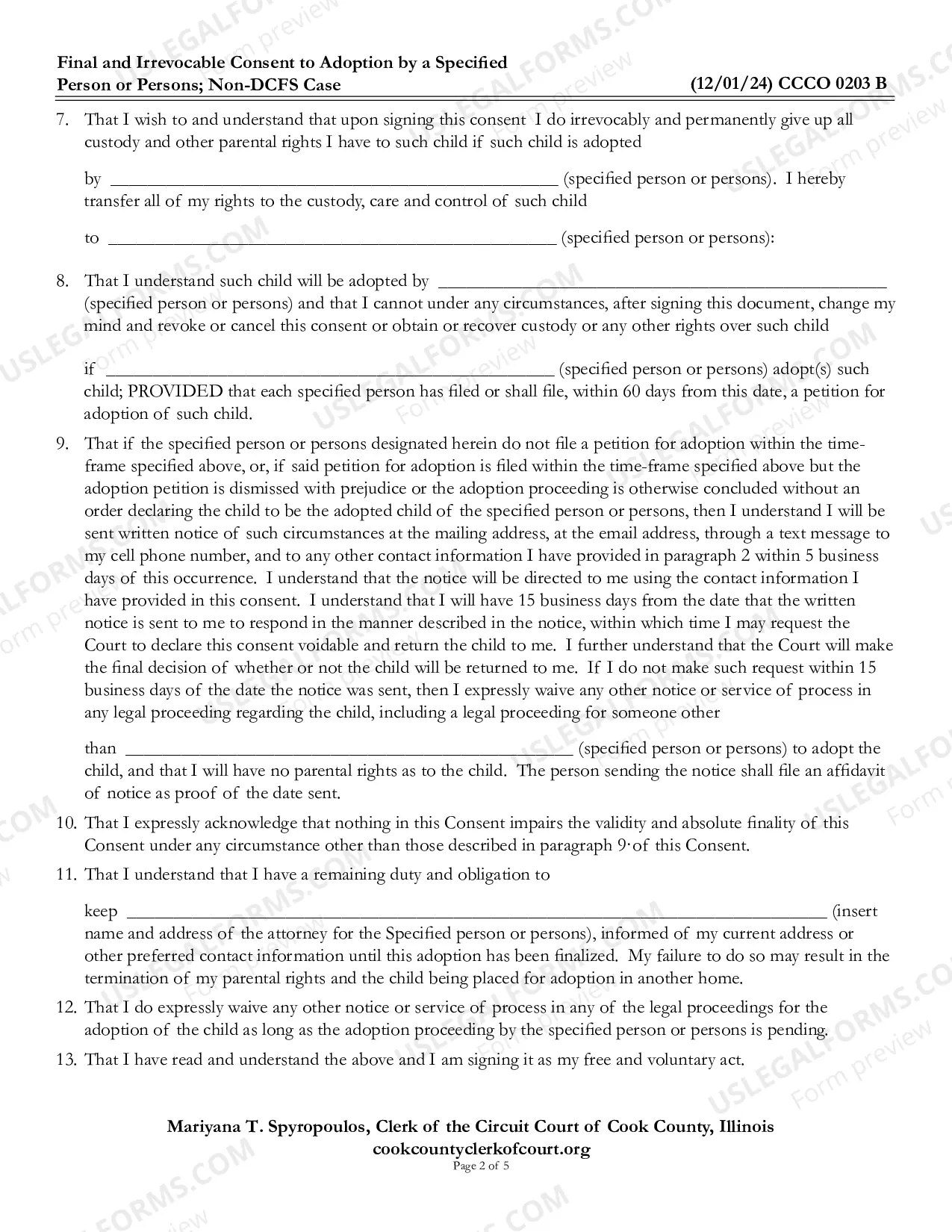 Preview Final and Irrevocable Consent To adoption Specific Person(s) Non-DCFS