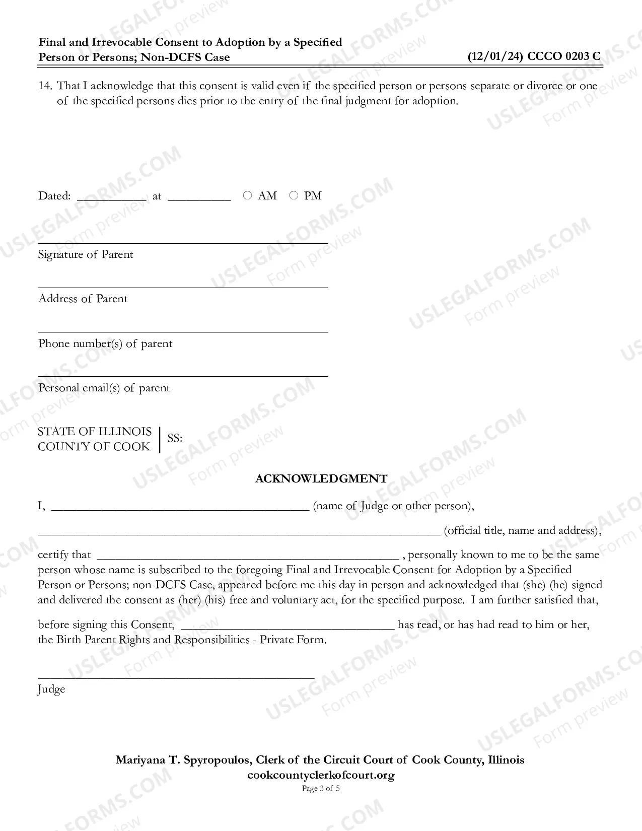 Preview Final and Irrevocable Consent To adoption Specific Person(s) Non-DCFS