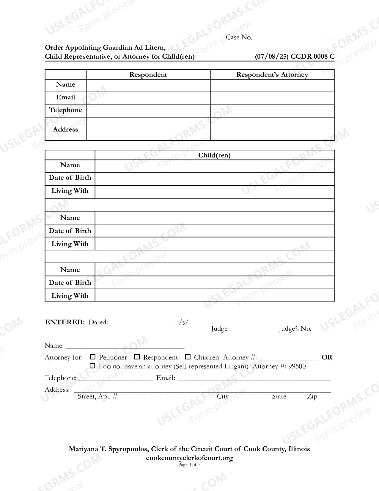 Preview Order appointing Childs Representative Guardian ad Litem Or attorney For Minor Child(ren)