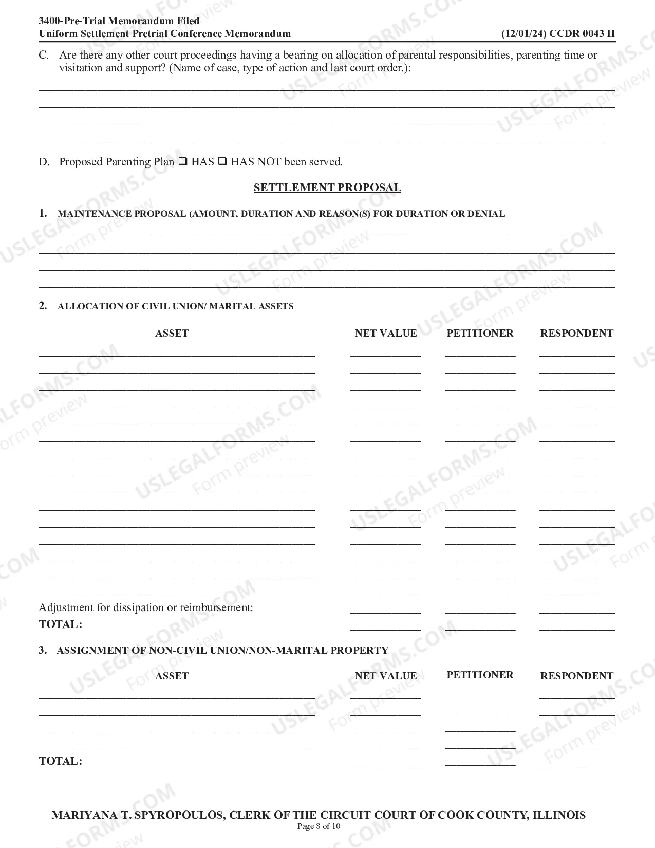 Preview Uniform Settlement Pretrial Conference Memorandum