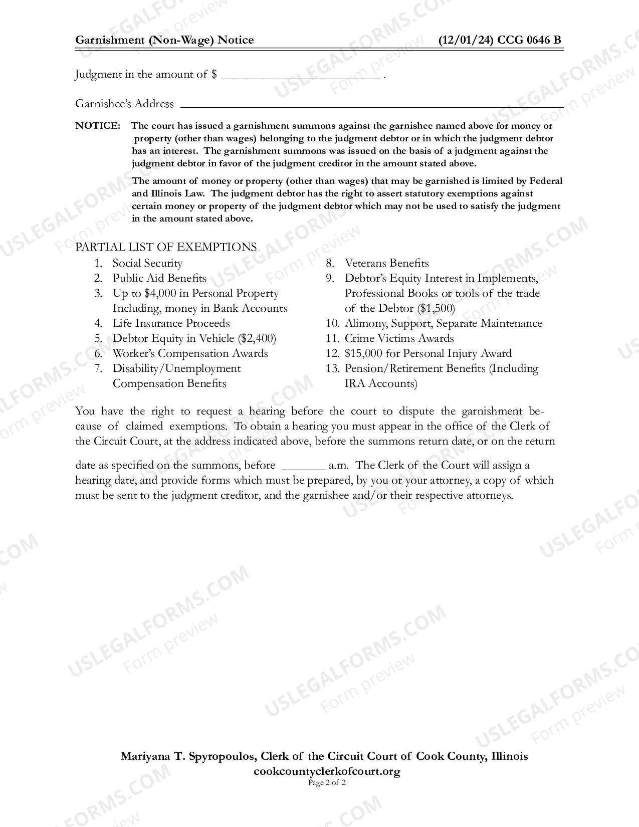Preview Garnishment Non-Wage Notice