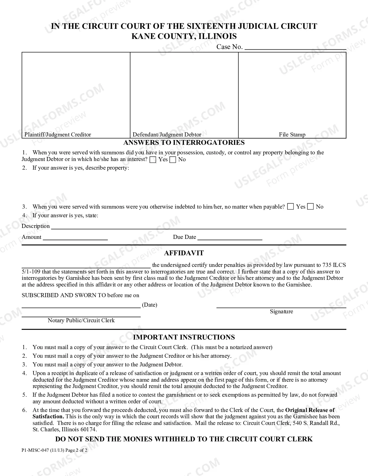 Preview Affidavit For Non Wage Garnishment