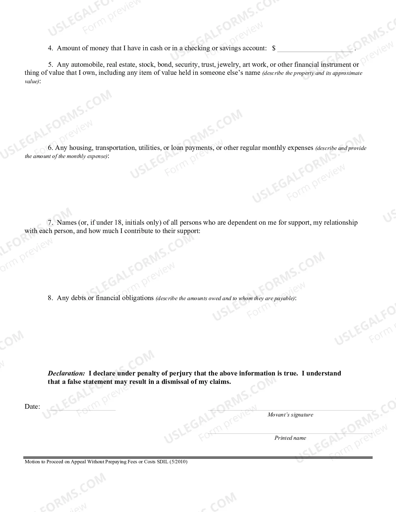 Preview Motion and affidavit to Proceed On appeal Without Prepaying Fees or Costs (motion to proceed in forma pauperis)