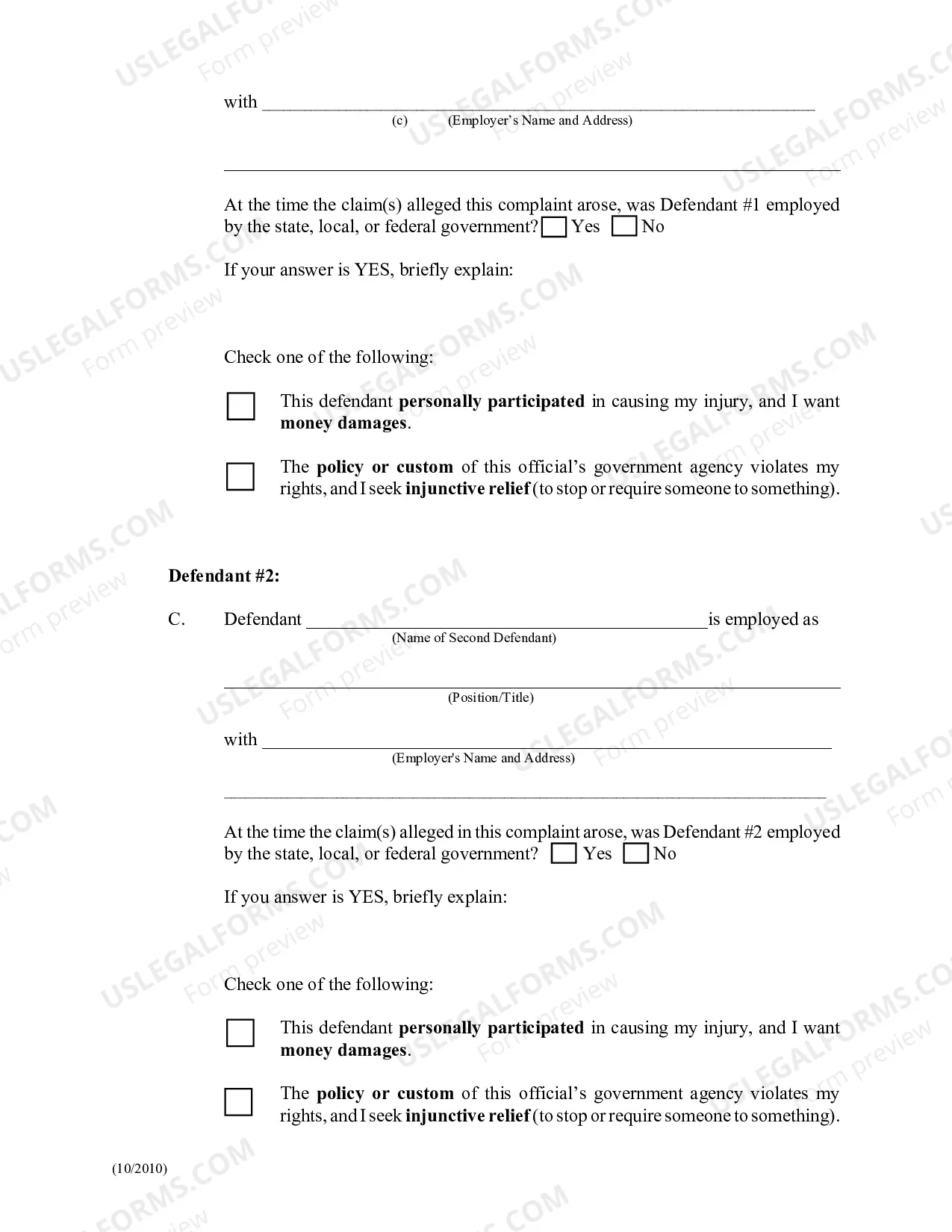 Preview Civil Complaint for Civil Rights Violations (For Use By Non-Prisoners)
