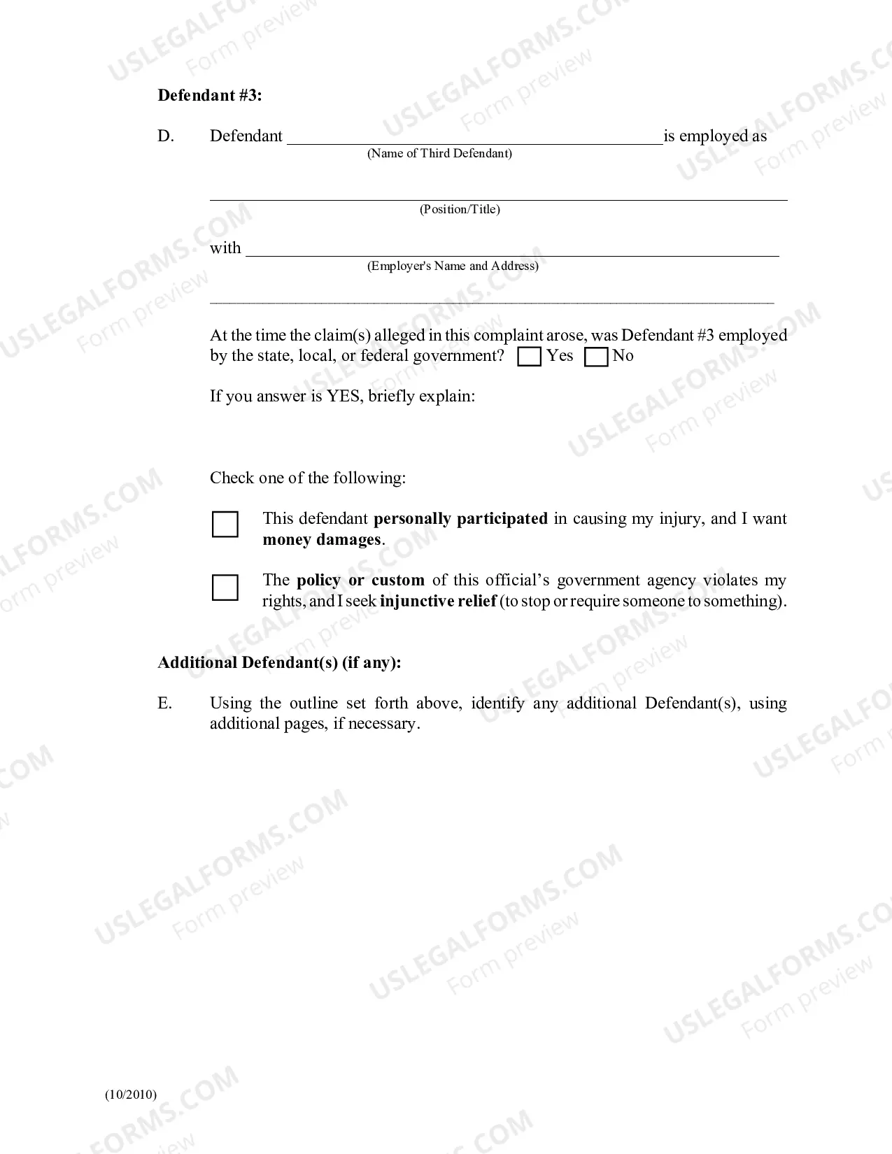 Preview Civil Complaint for Civil Rights Violations (For Use By Non-Prisoners)