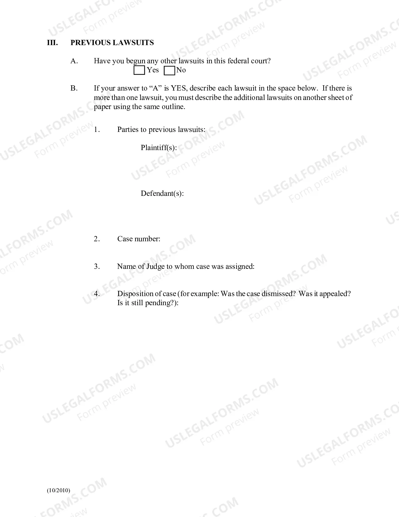 Preview Civil Complaint for Civil Rights Violations (For Use By Non-Prisoners)