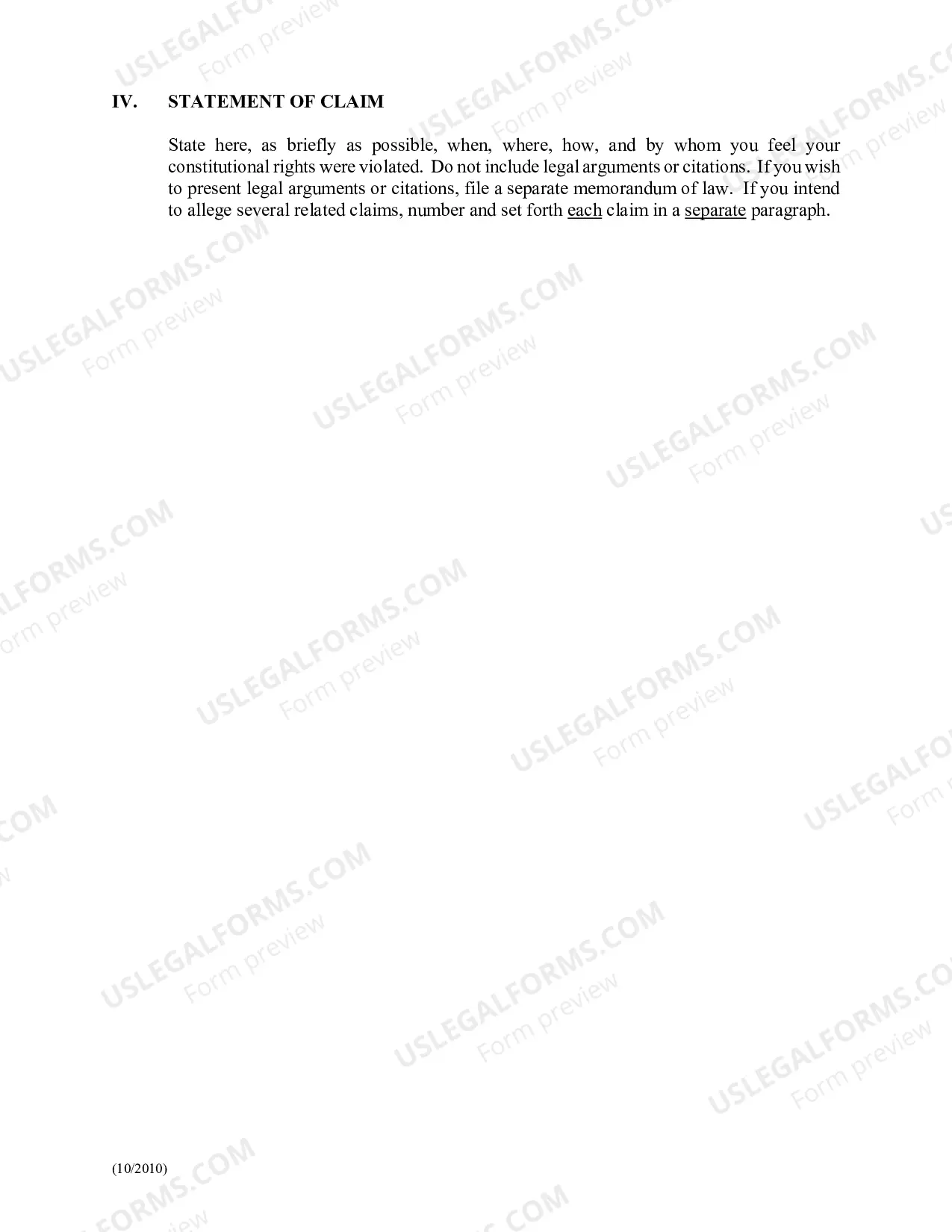 Preview Civil Complaint for Civil Rights Violations (For Use By Non-Prisoners)