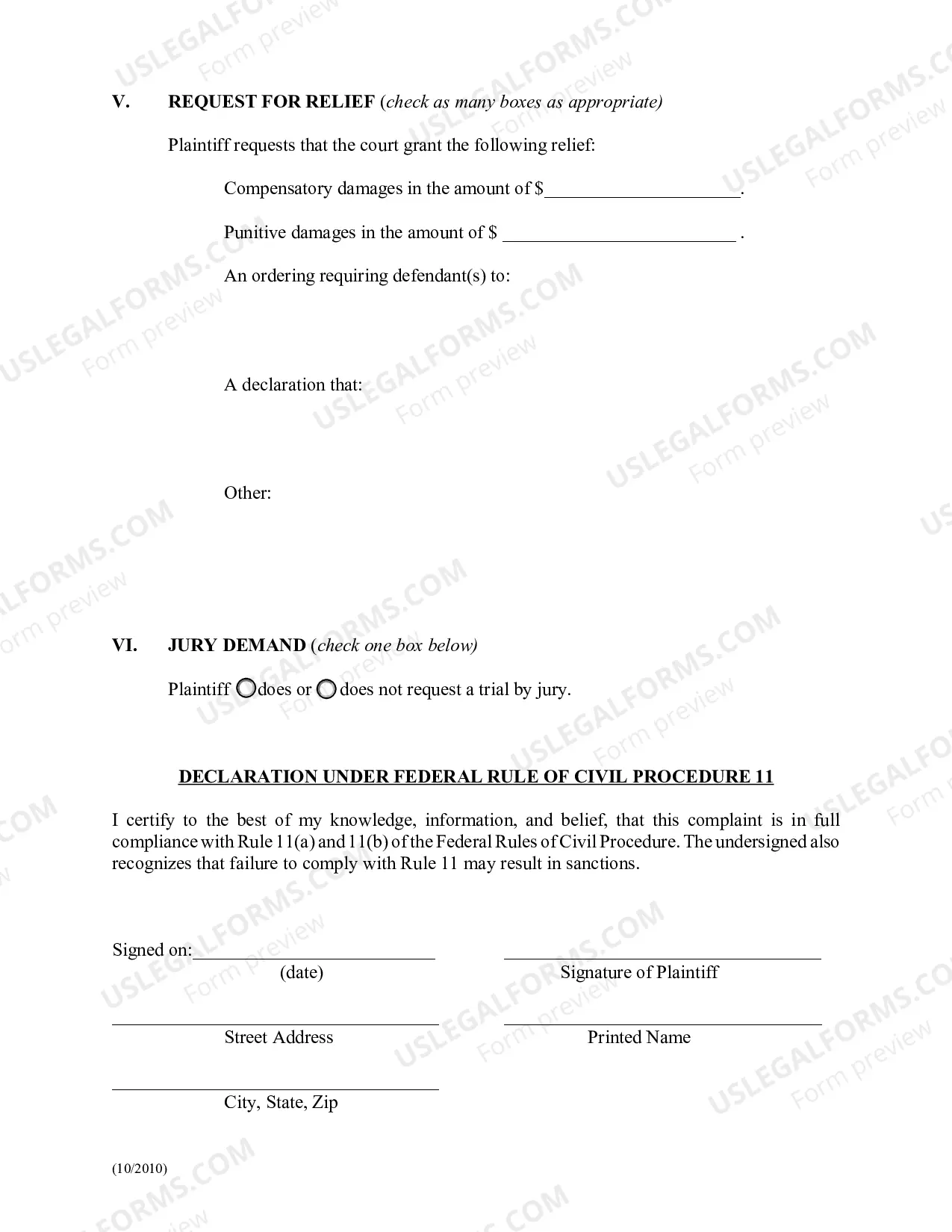 Preview Civil Complaint for Civil Rights Violations (For Use By Non-Prisoners)