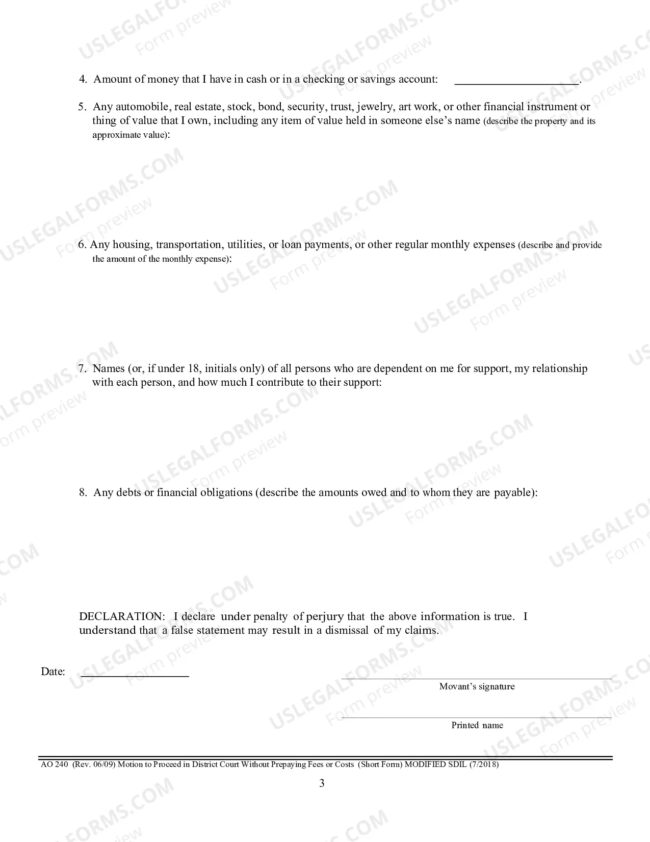 Preview Motion and affidavit to Proceed in District Court Without Prepaying Fees or Costs (motion to proceed in forma pauperis)