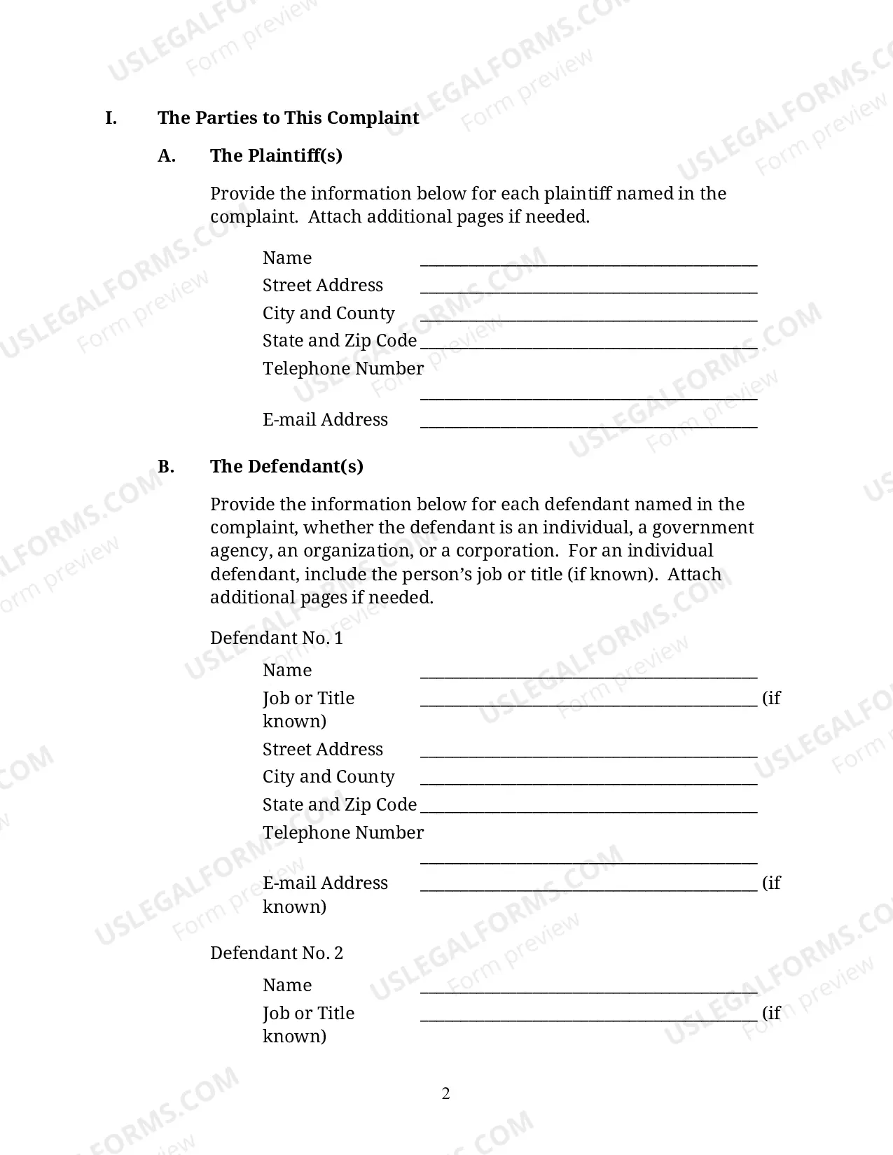 Preview Complaint for a Civil Case (For Use By Non-Prisoners)