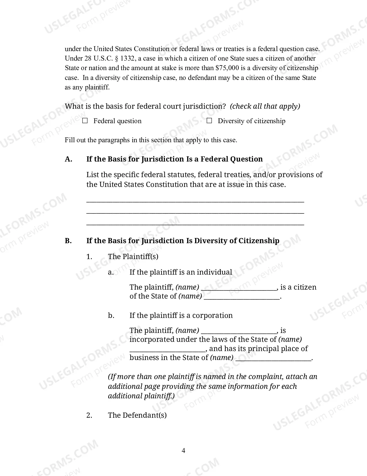 Preview Complaint for a Civil Case (For Use By Non-Prisoners)