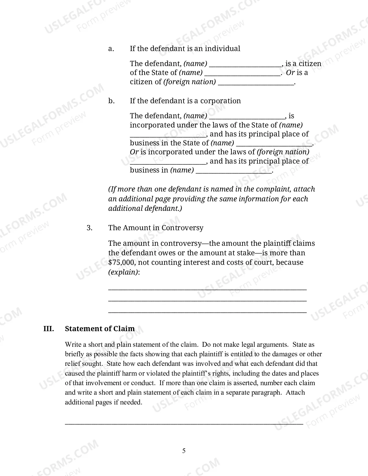 Preview Complaint for a Civil Case (For Use By Non-Prisoners)
