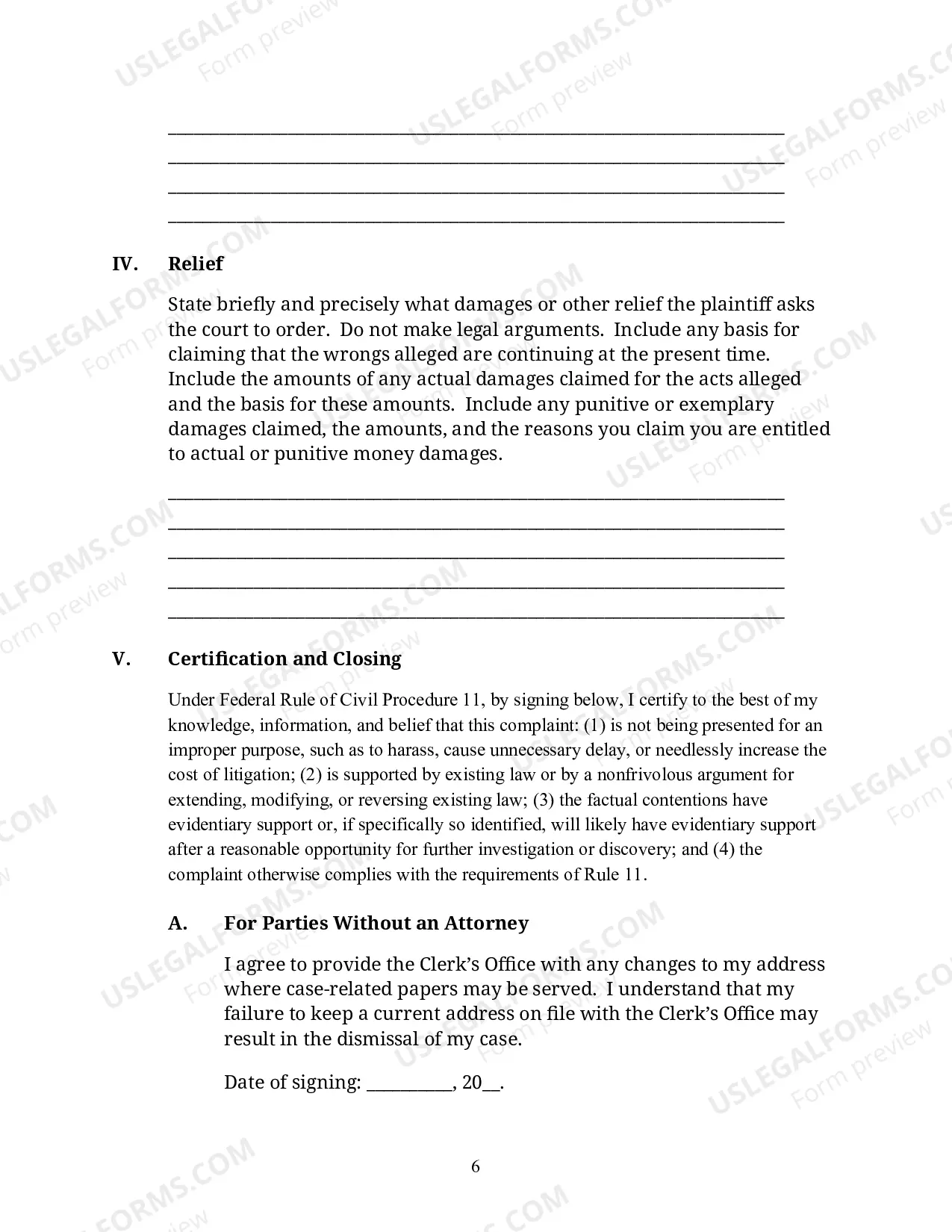 Preview Complaint for a Civil Case (For Use By Non-Prisoners)