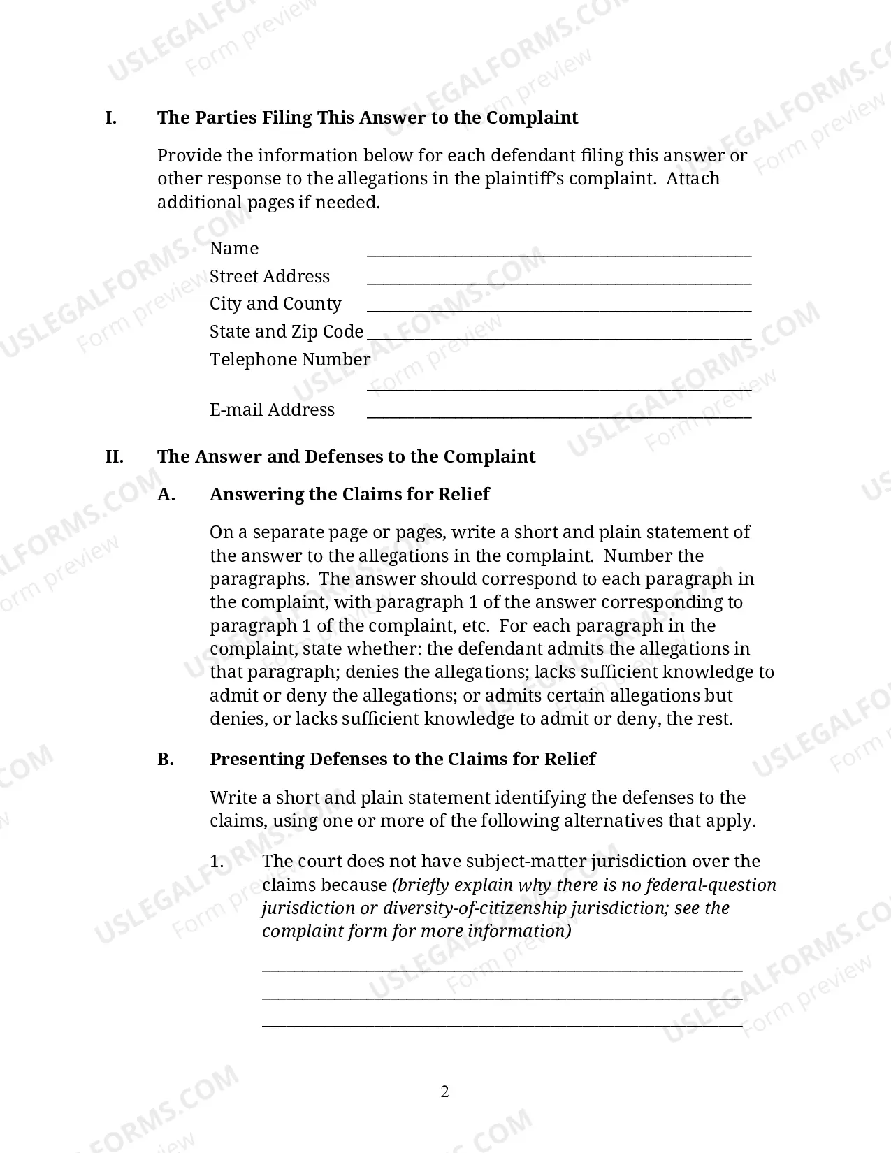 Preview Defendant's answer To The Complaint