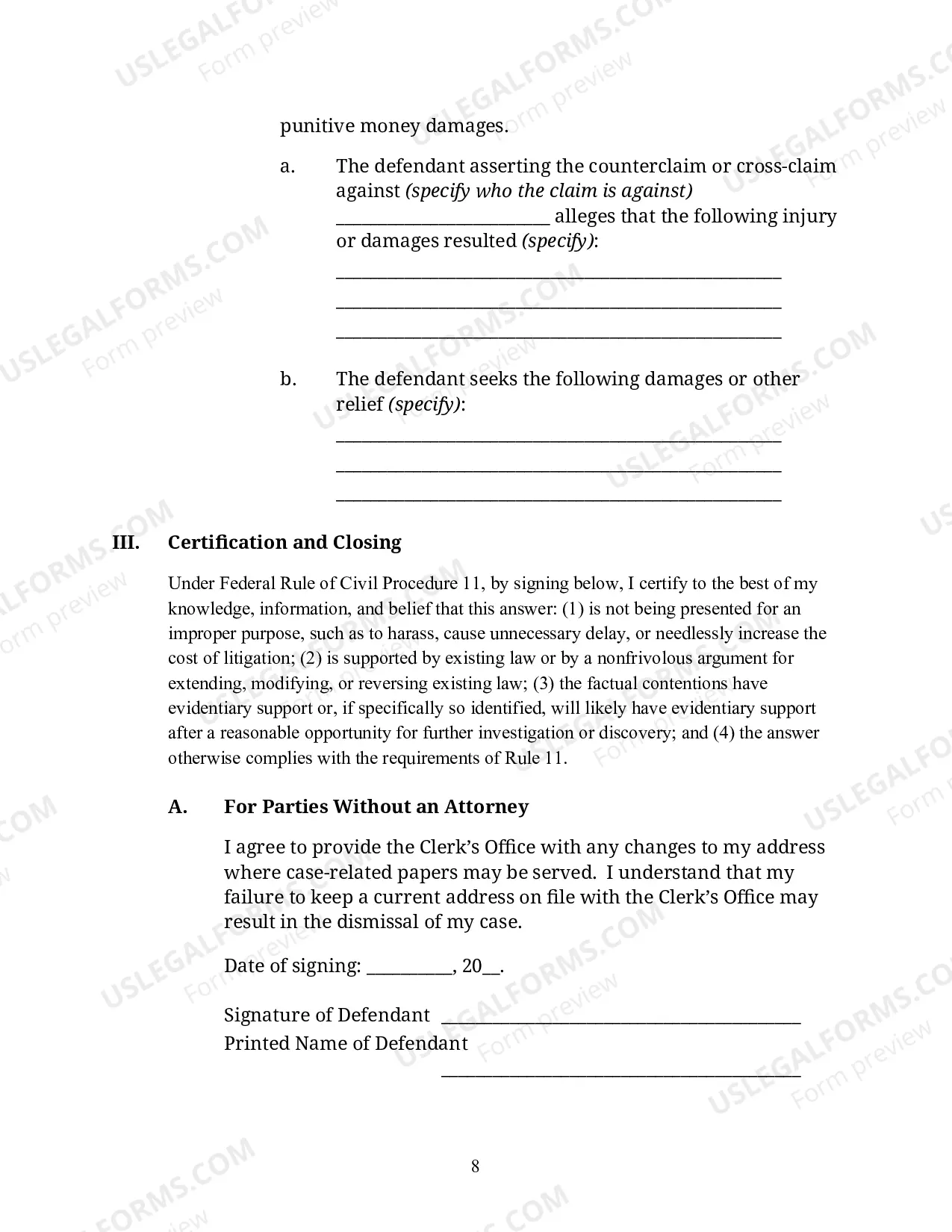 Preview Defendant's answer To The Complaint