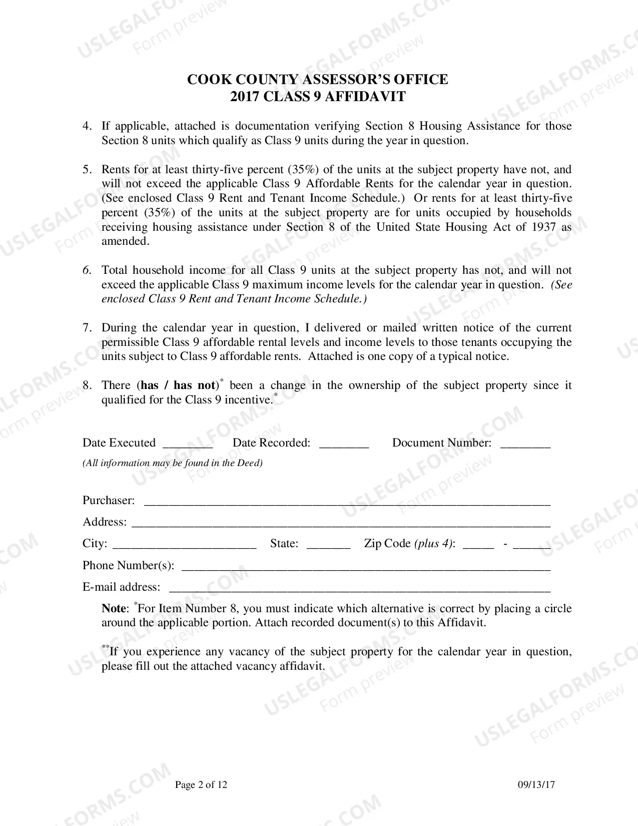 Preview Cook County assessor's Office 2017 Class 9 affidavit