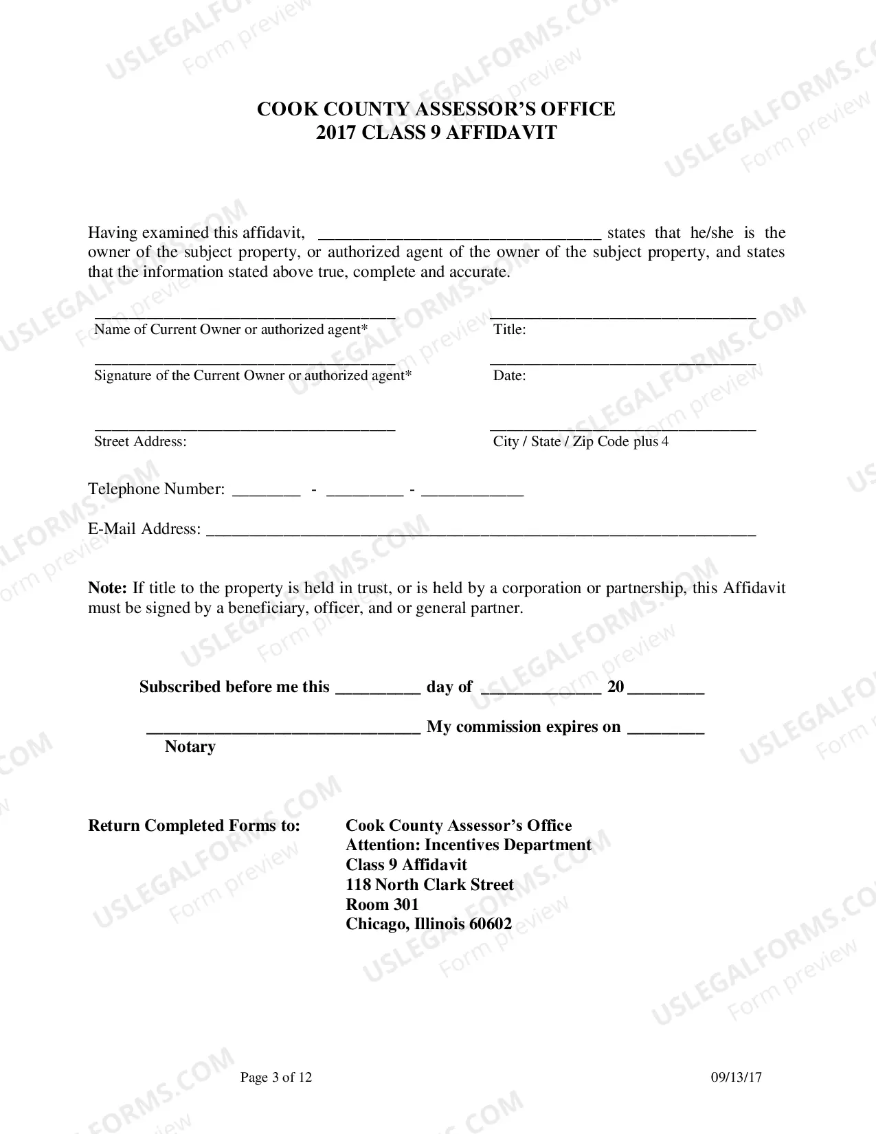 Preview Cook County assessor's Office 2017 Class 9 affidavit