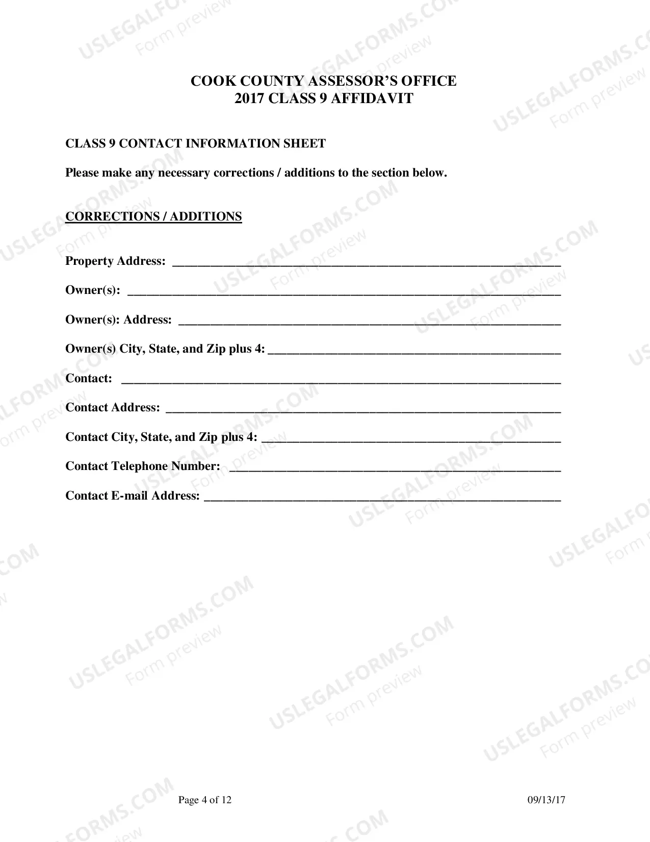 Preview Cook County assessor's Office 2017 Class 9 affidavit