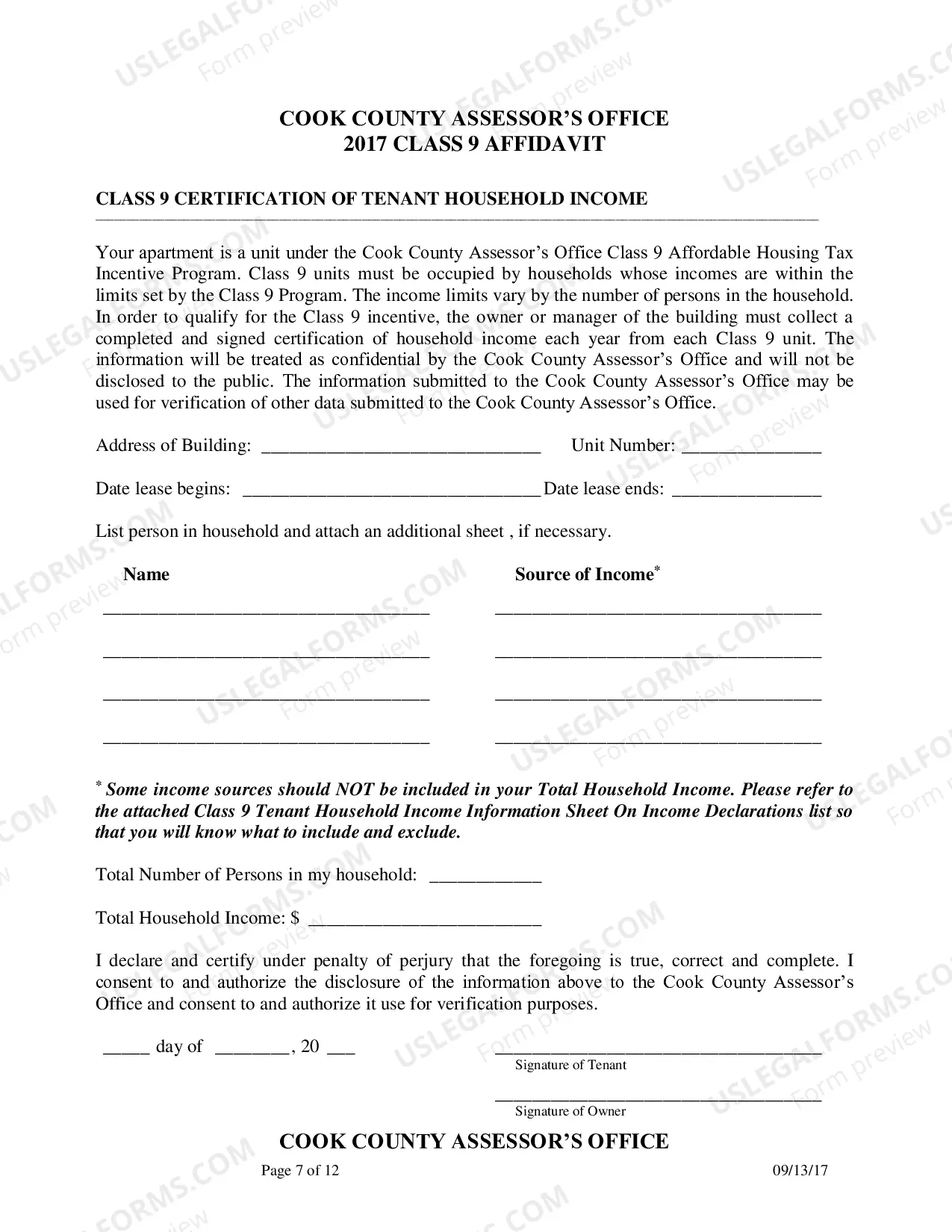 Preview Cook County assessor's Office 2017 Class 9 affidavit