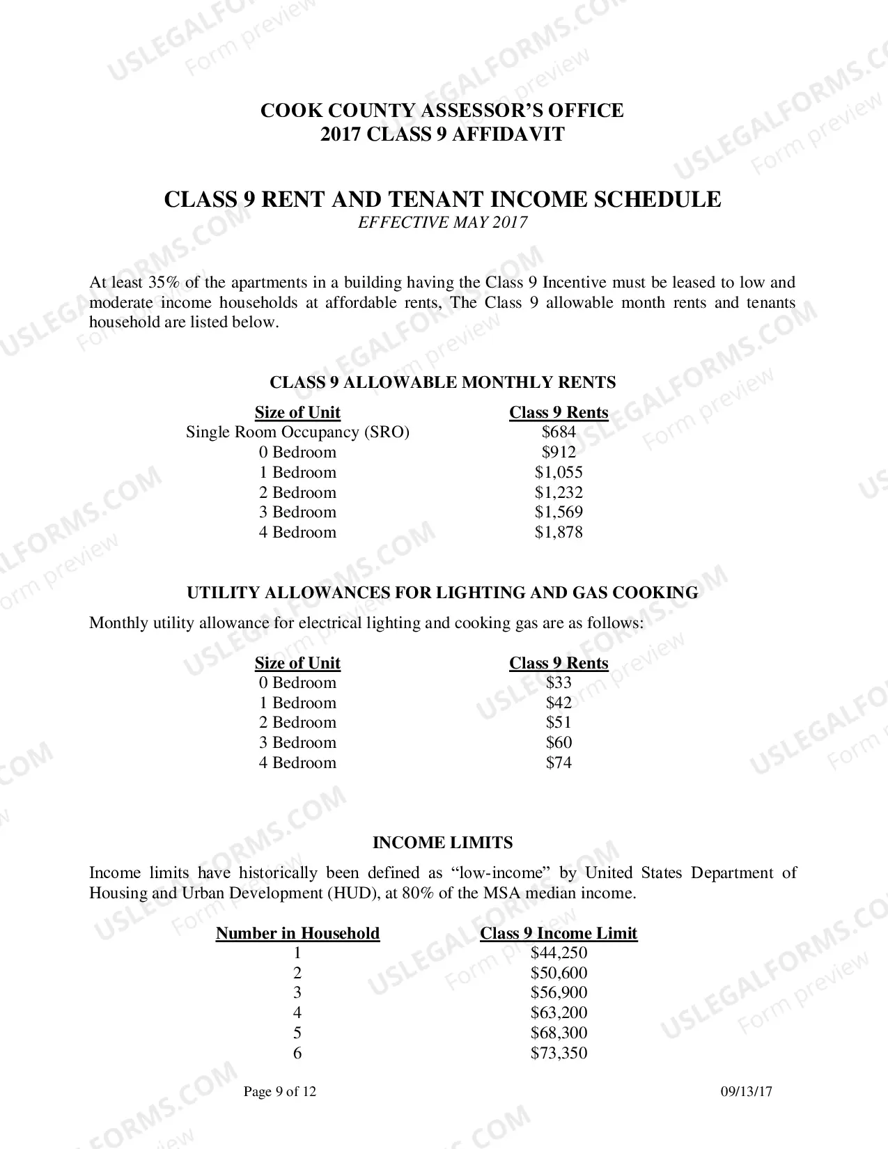 Preview Cook County assessor's Office 2017 Class 9 affidavit