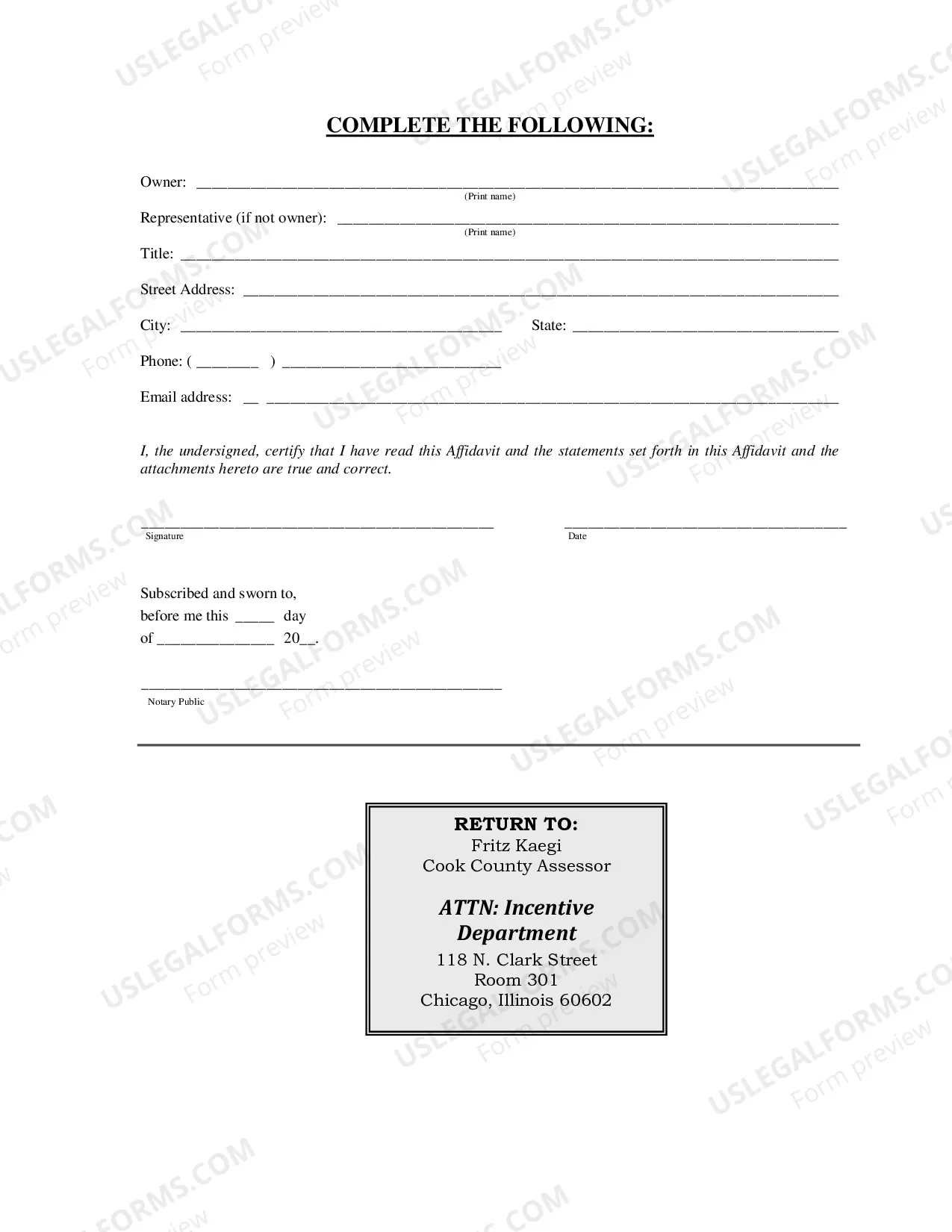 Preview Cook County assessor's Office 2017 Class S affidavit