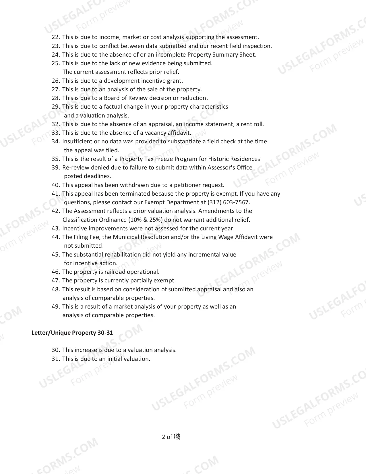 Preview Assessor Reason Codes