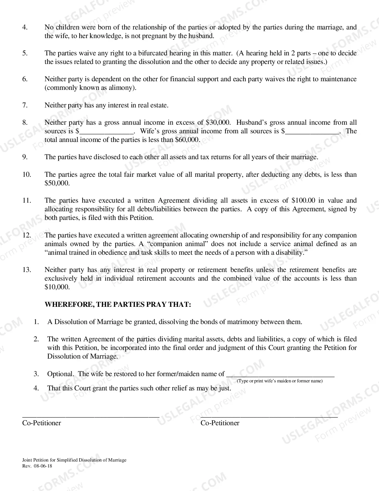 Preview Joint Petition for Simplified Dissolution of Marriage