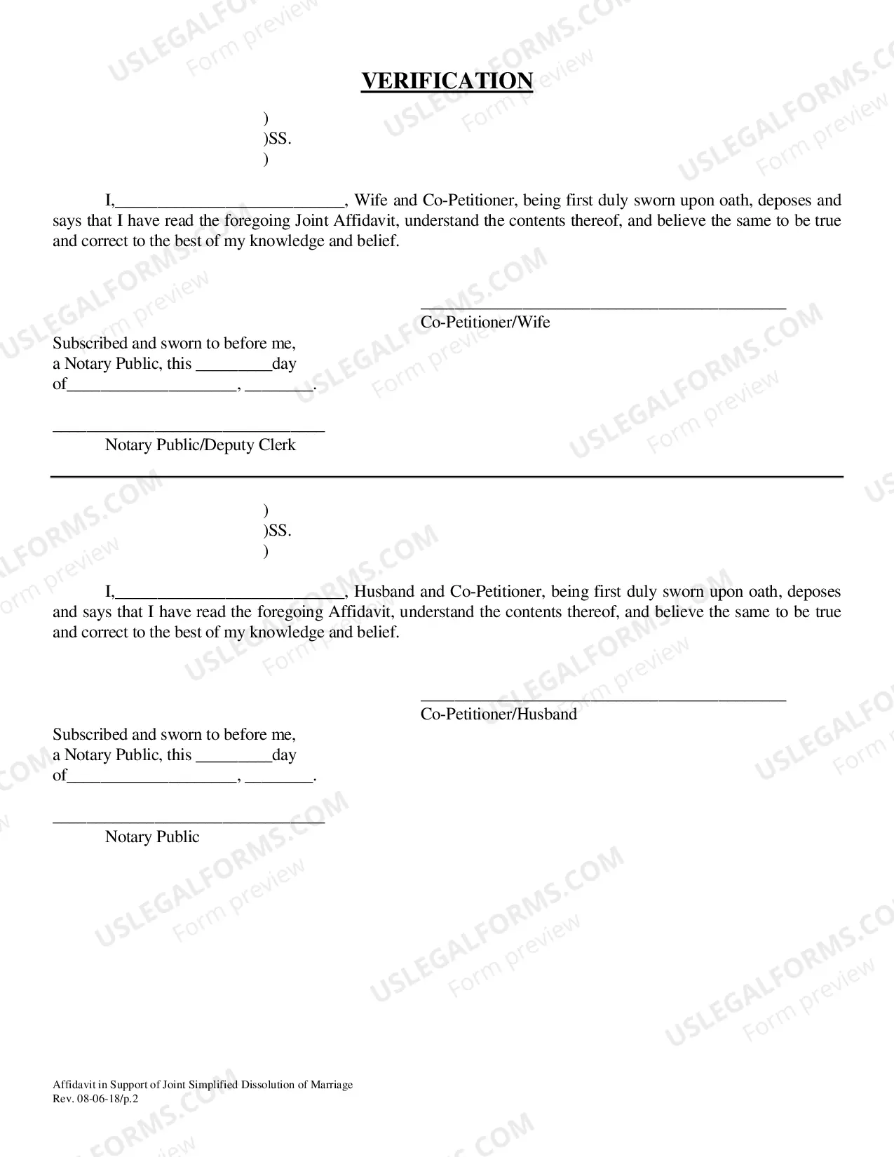 Preview Affidavit in Support of Joint Dissolution of Marriage