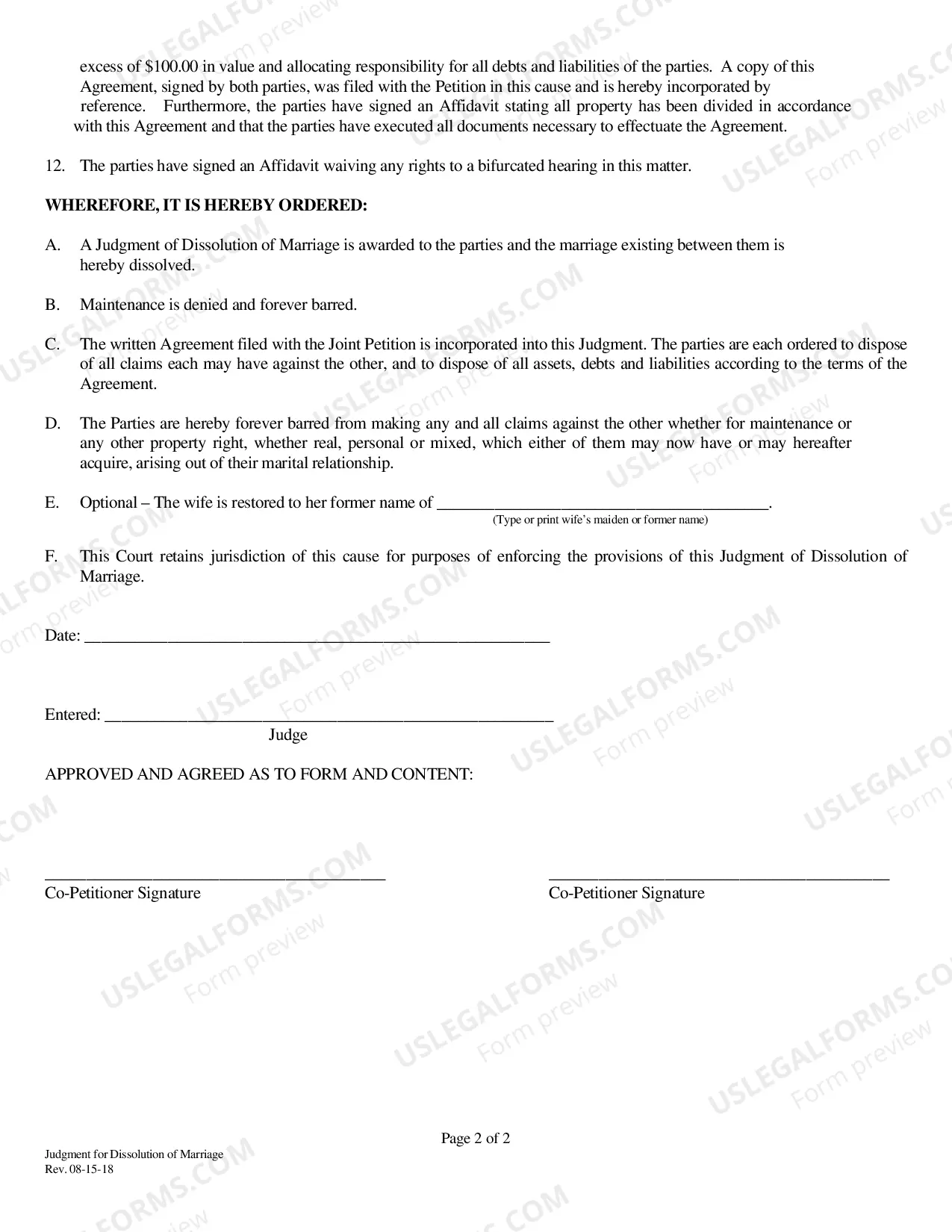 Preview Judgment for Dissolution of Marriage