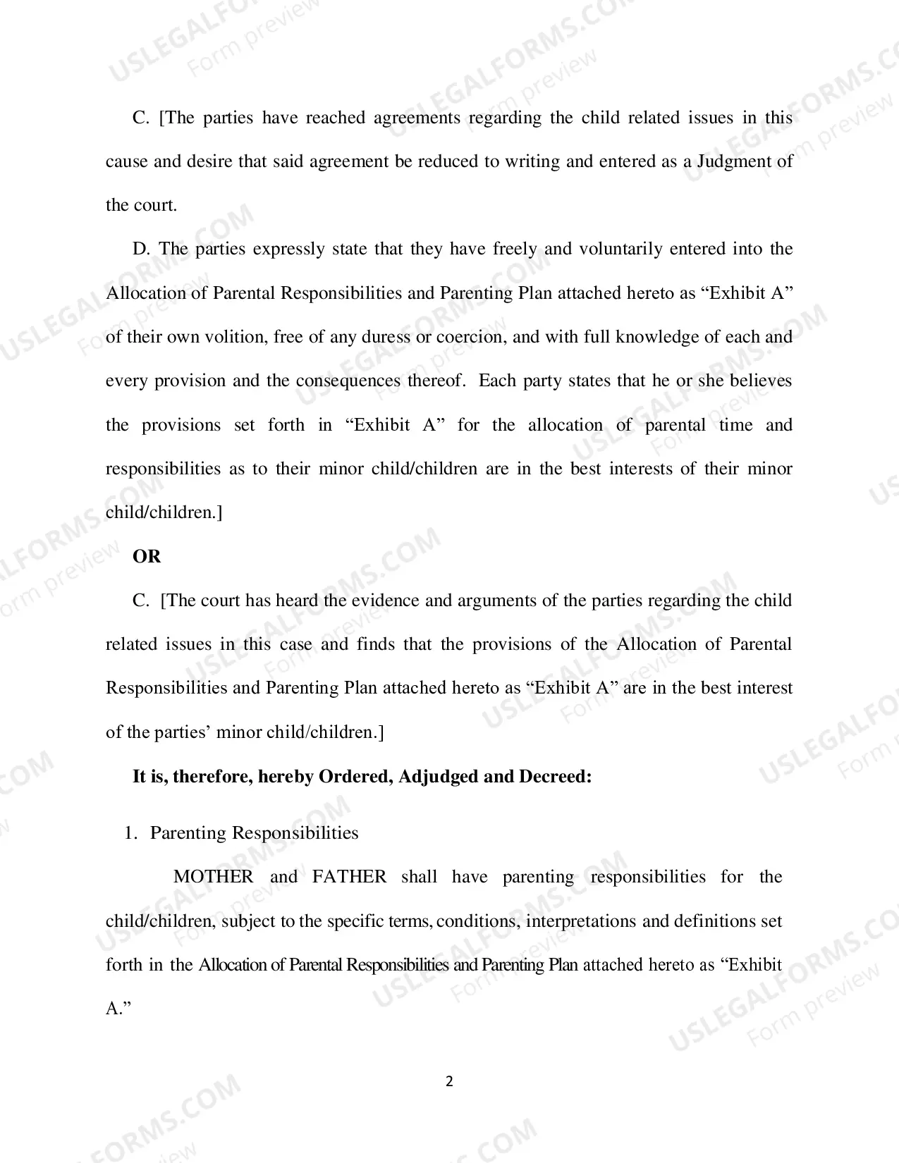 Preview Agreement - Judgment for allocation of Parental Responsibilities and Parenting Plan