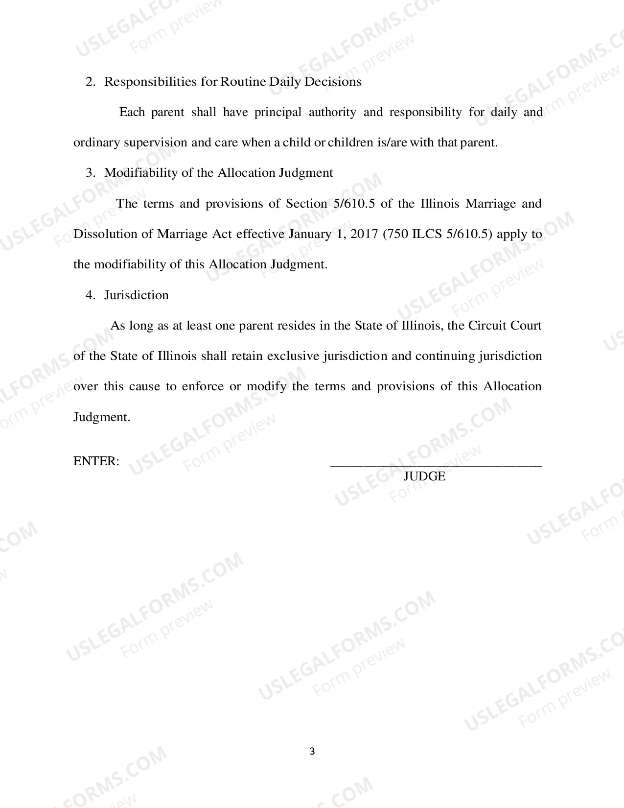 Preview Agreement - Judgment for allocation of Parental Responsibilities and Parenting Plan