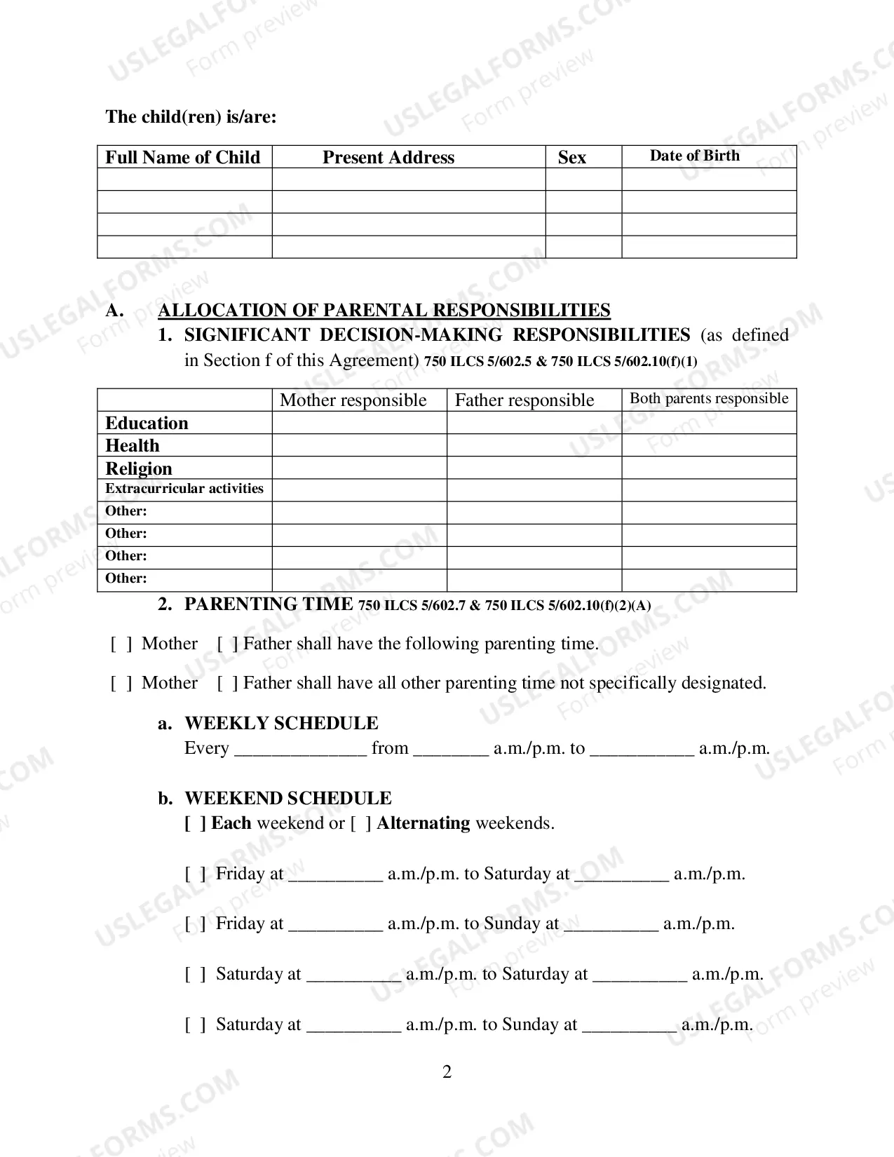 Preview Allocation of Parental Responsibilities and Parenting Plan