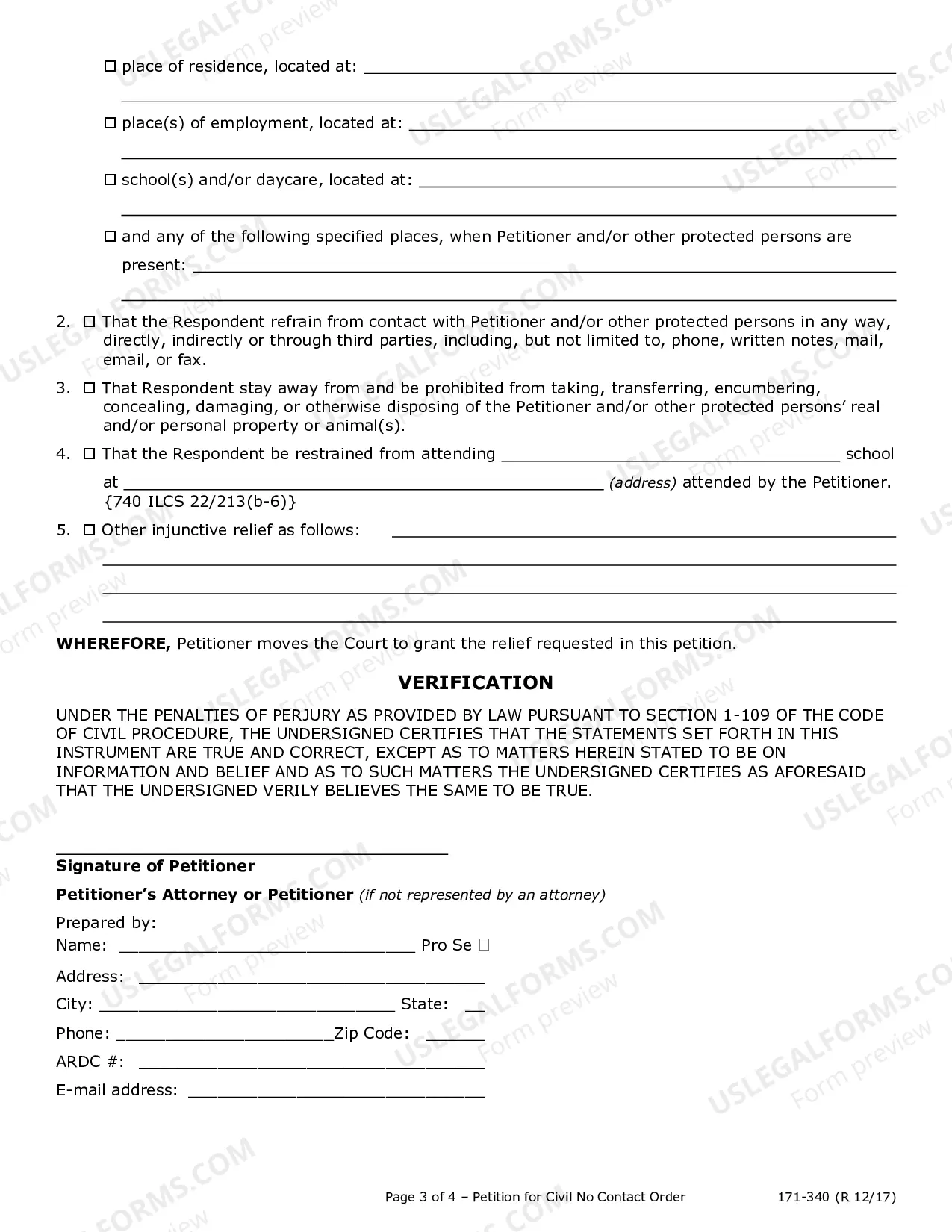 Preview Verified Petition for Civil No Contact Order