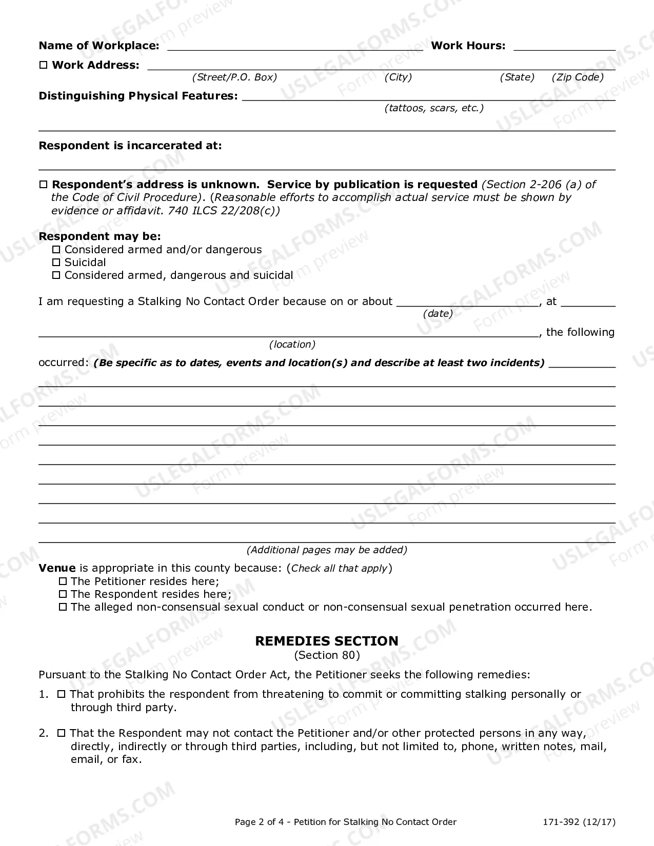 Preview Verified Petition for Stalking No Contact Order