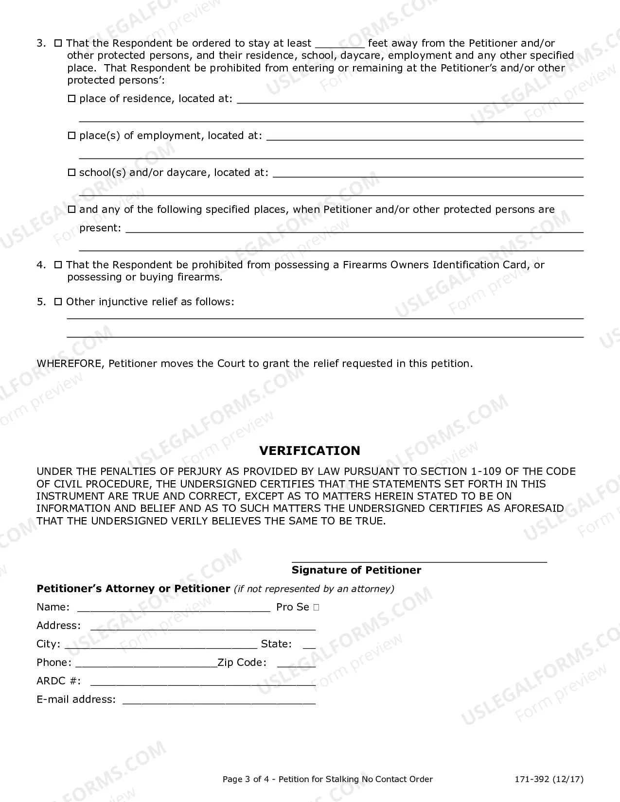 Preview Verified Petition for Stalking No Contact Order
