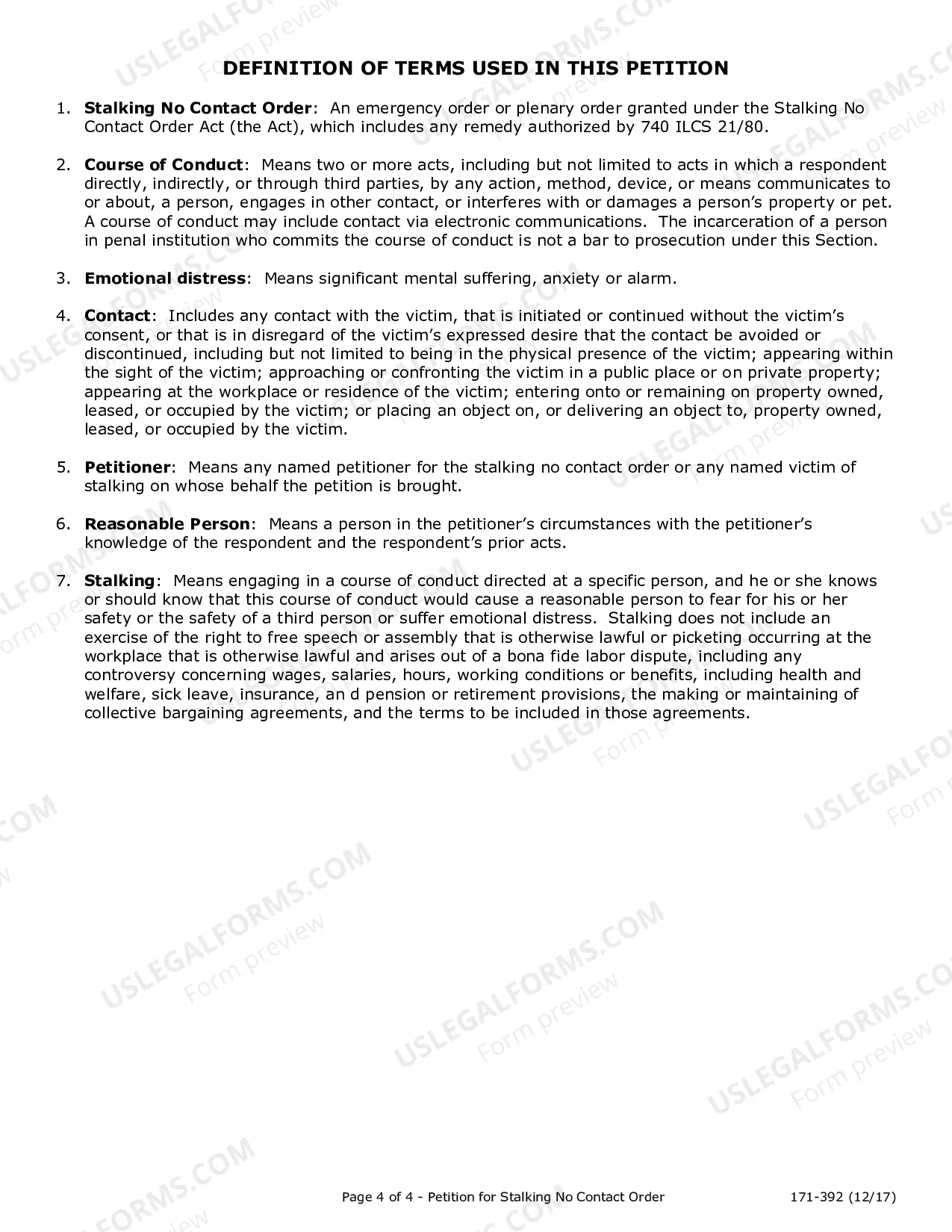 Preview Verified Petition for Stalking No Contact Order