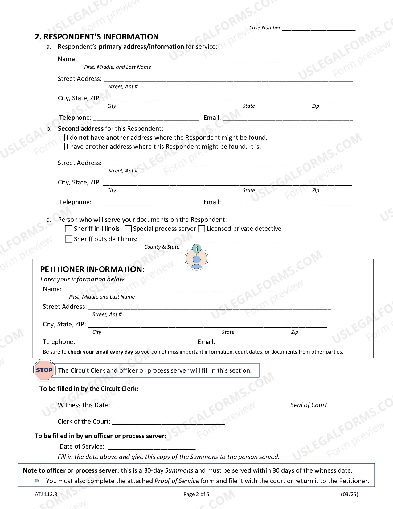 Preview Summons Petition for Dissolution of Marriage/Civil Union ISCa)