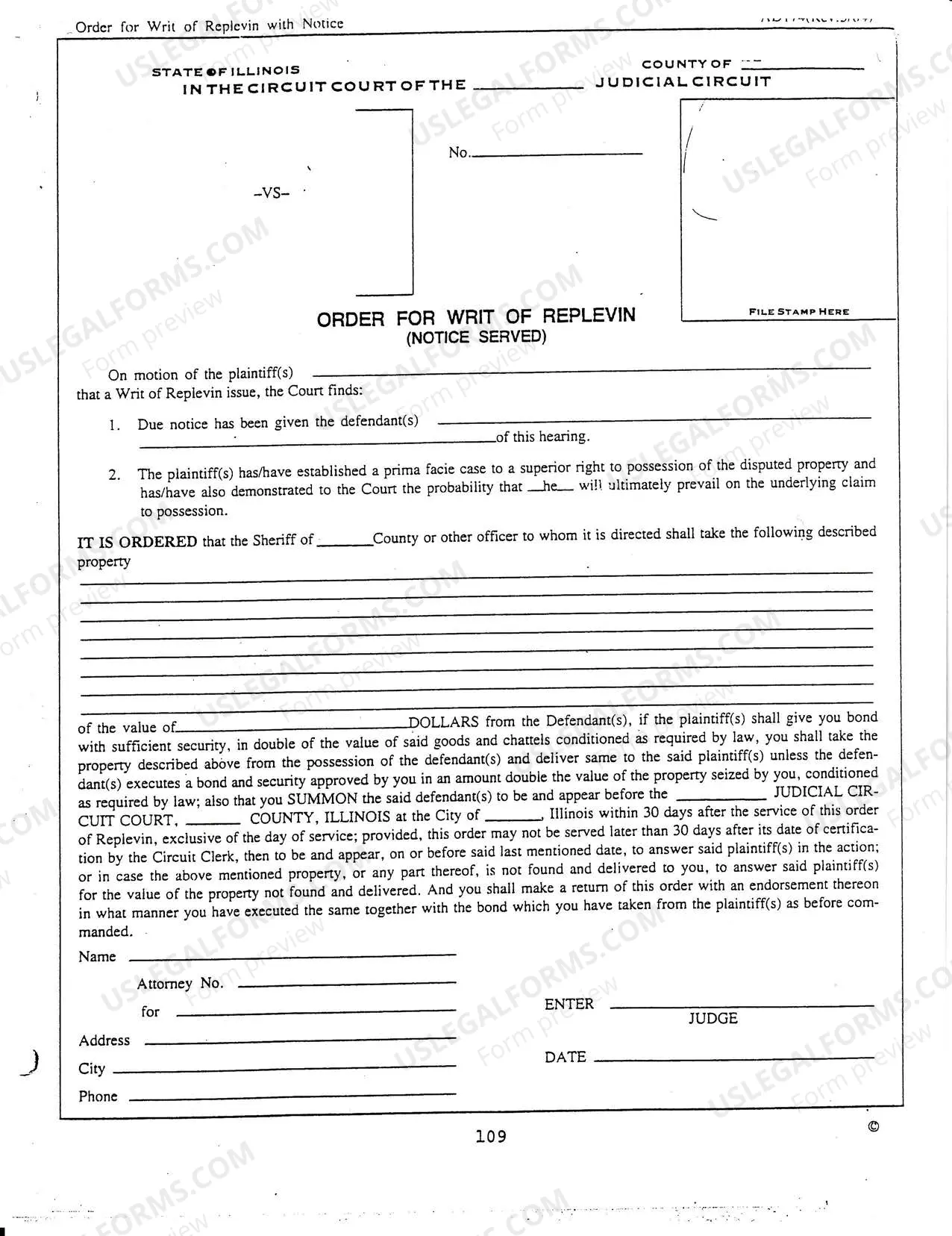 Preview Complaint in Replevin