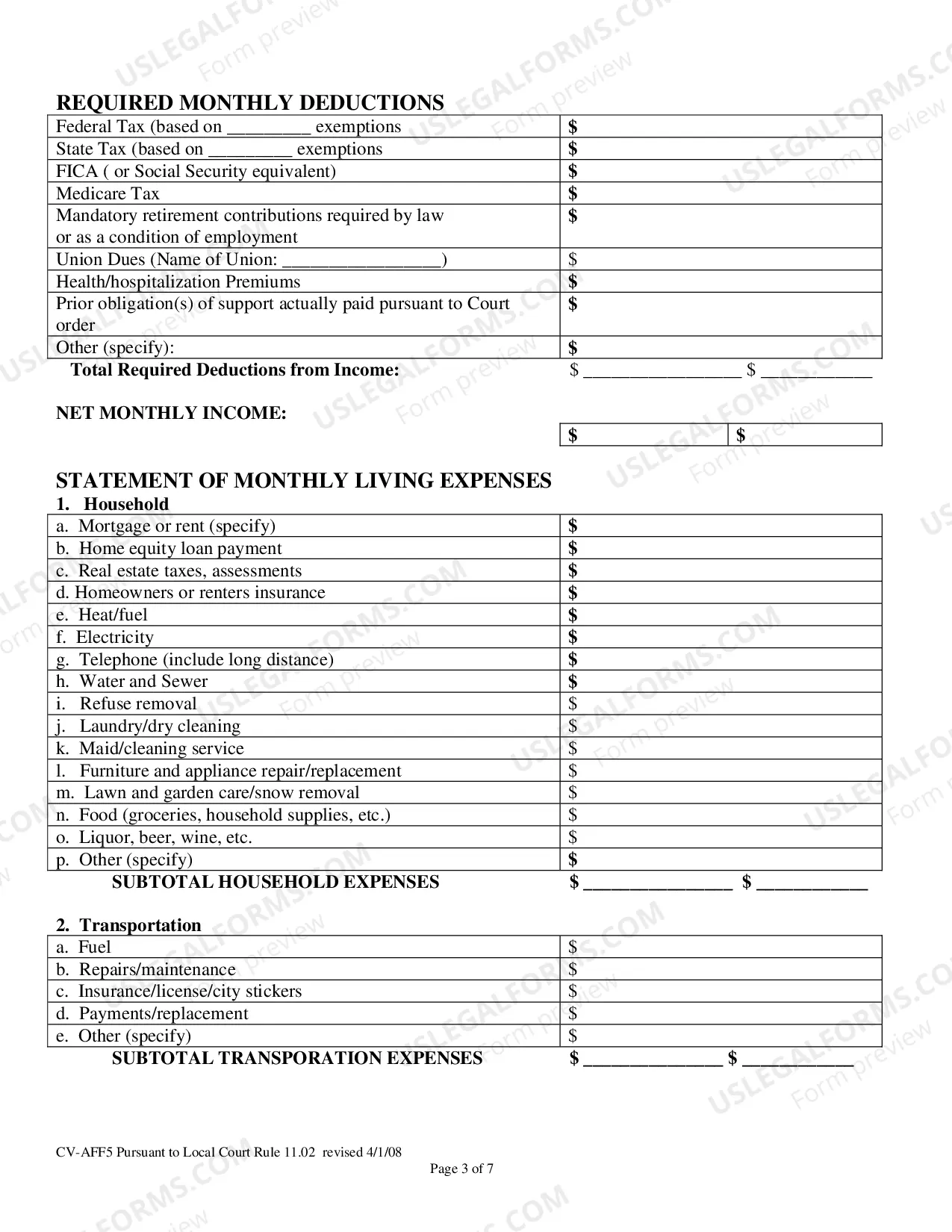 Preview Affidavit in Support of / Affidavit in Answer to (Financial affidavit)