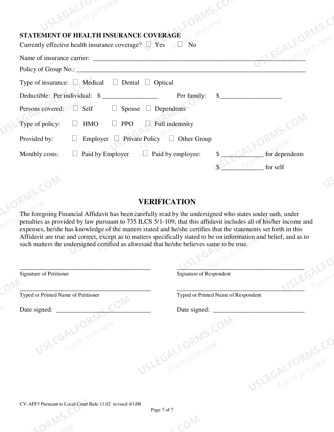 Preview Affidavit in Support of / Affidavit in Answer to (Financial affidavit)